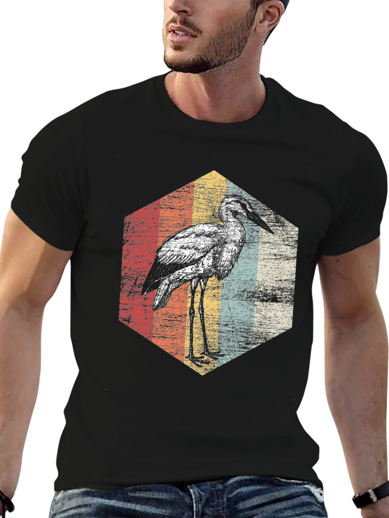 Black Retro Heron T-Shirt - Vintage Bird Graphic Tee view 6
