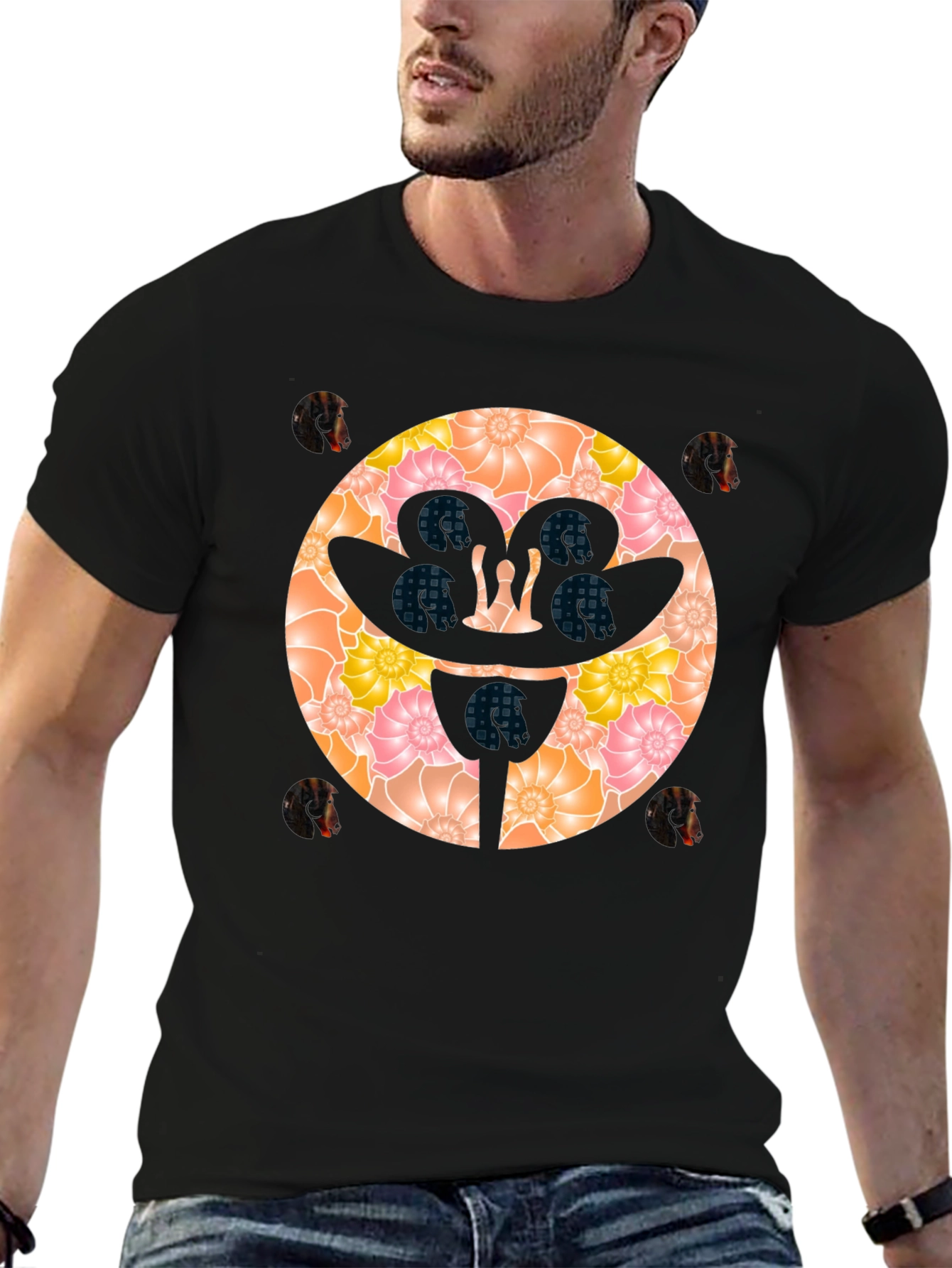 Black Floral Face Graphic Black T-Shirt view 6