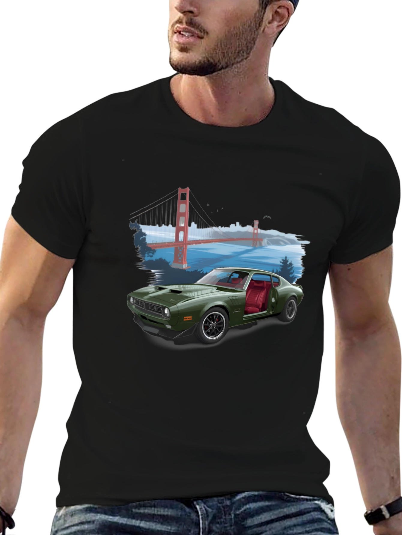 Black Retro Car & Bridge T-Shirt - Unique Graphic Tee view 6