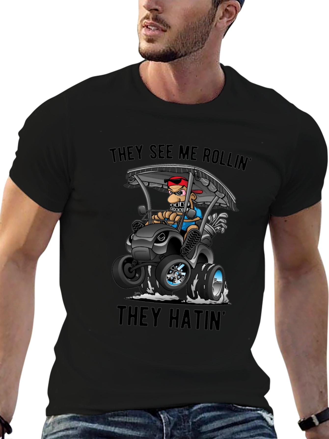 Black Funny Golf Cart T-Shirt - They See Me Rollin' view 6