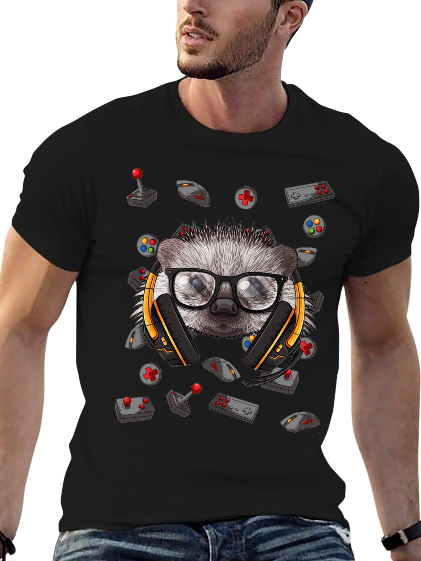 Black Gamer Hedgehog Graphic Tee - Black Cotton T-Shirt view 6