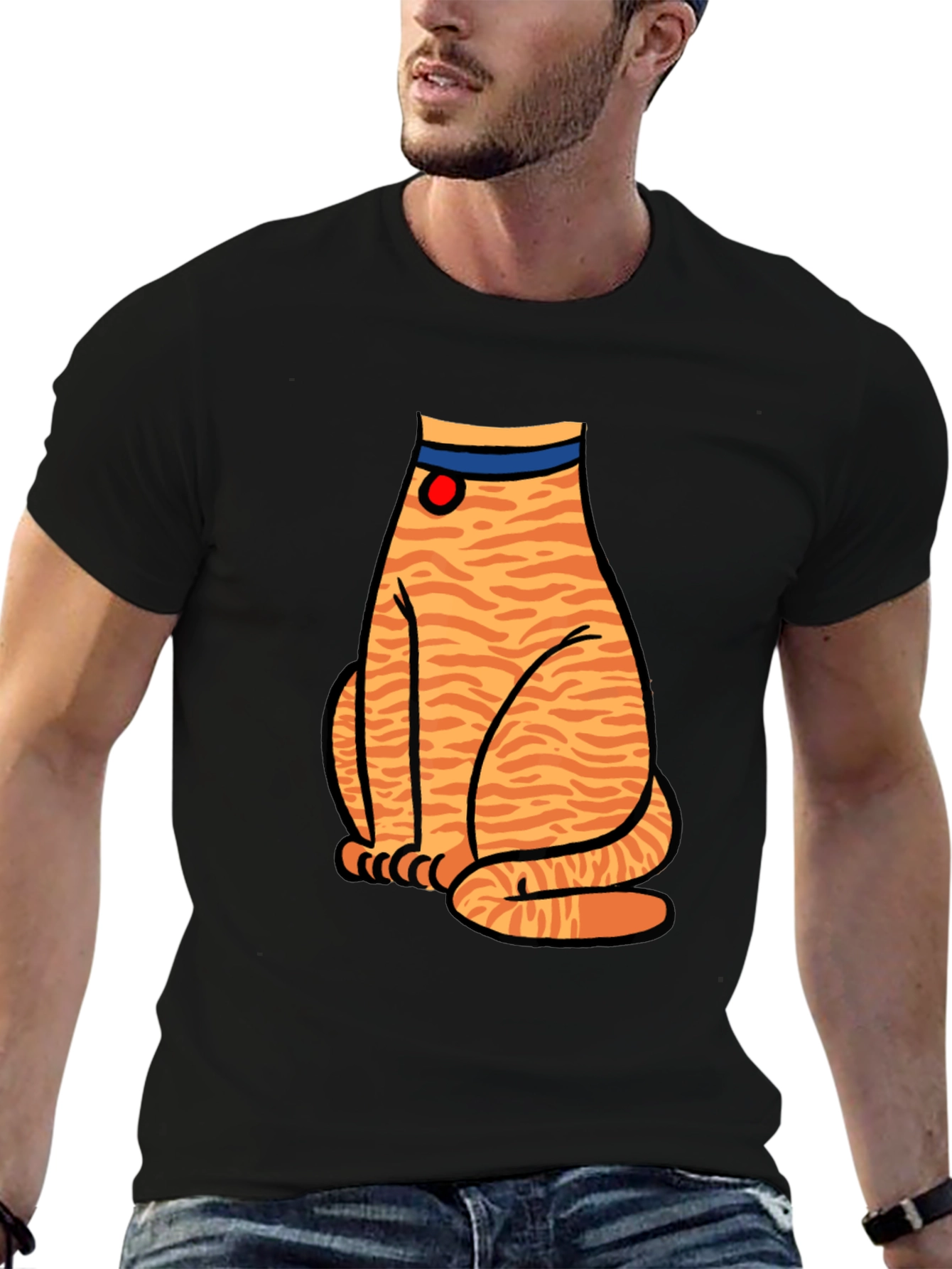 Black Striped Cat Graphic T-Shirt - Unisex Black Tee view 6