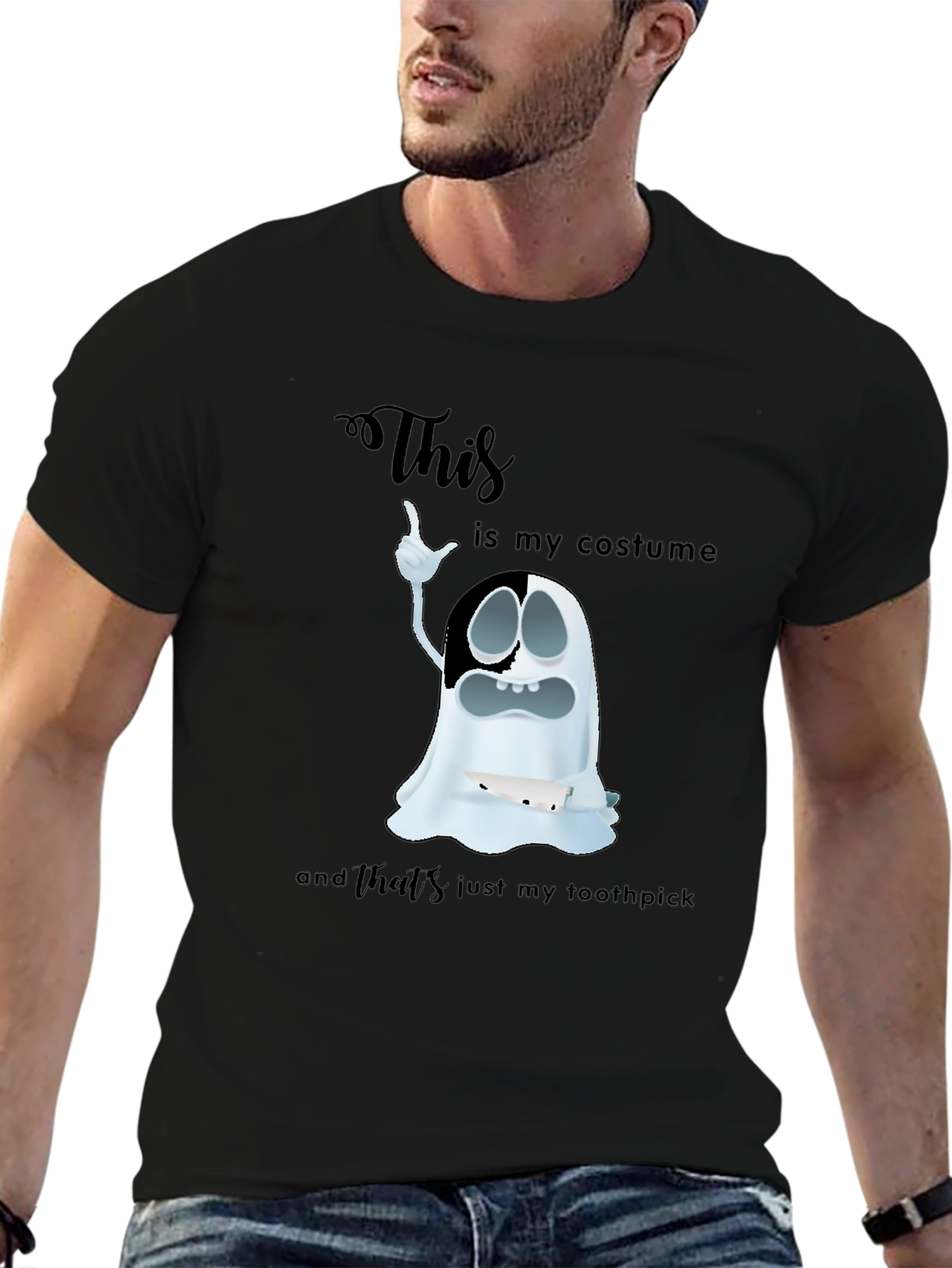 Black Humorous Ghost Costume Graphic T-Shirt view 6
