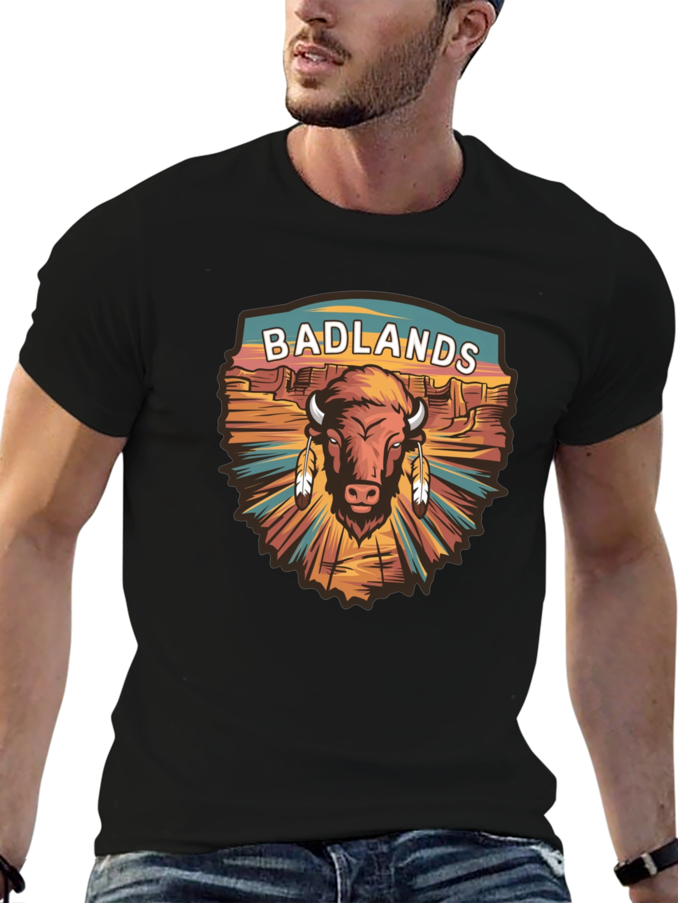 Black Badlands Bison Graphic Tee - Black Cotton T-Shirt view 6