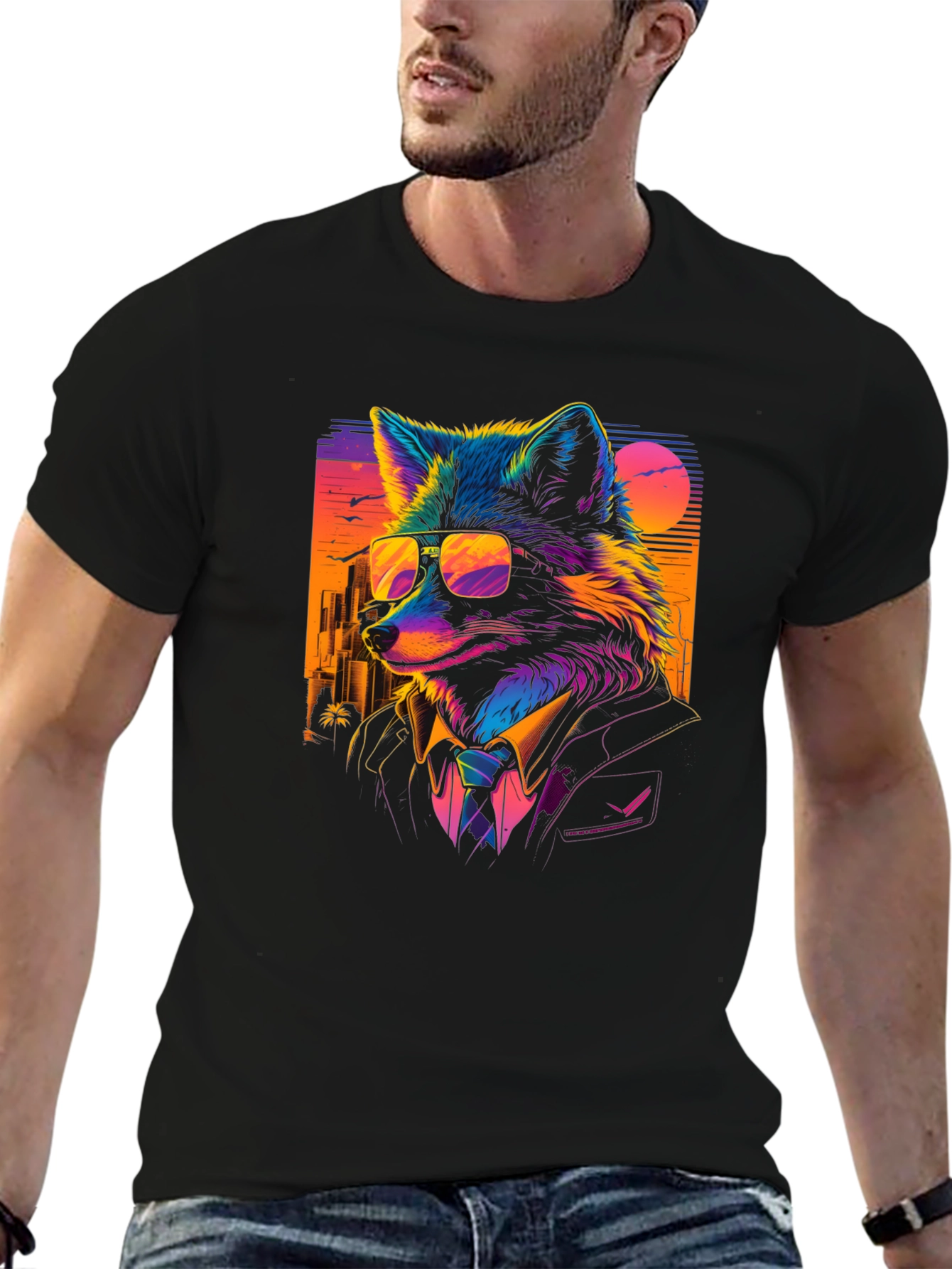 Black Cool Fox in Suit T-Shirt - Vibrant Graphic Tee view 6