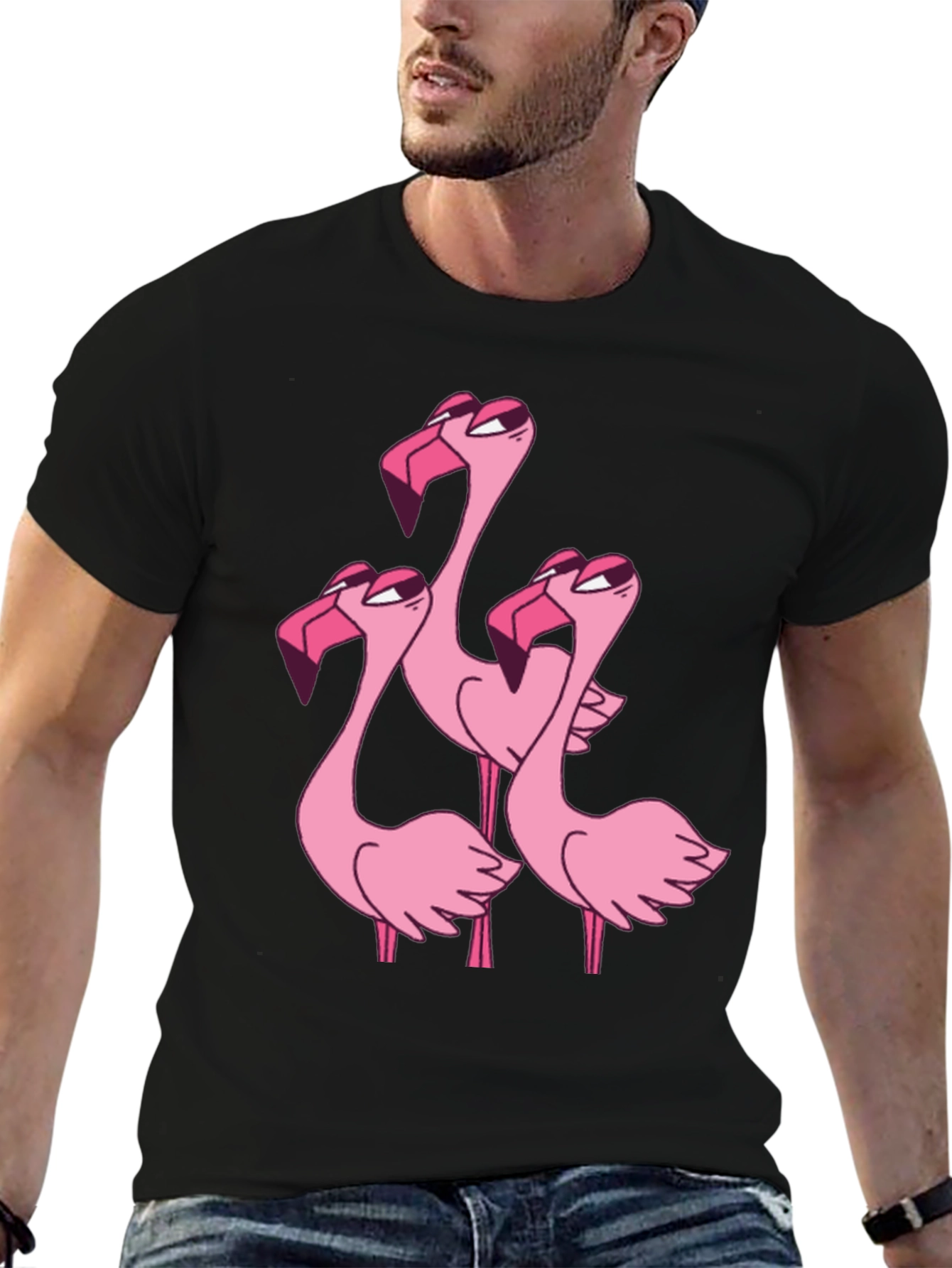 Black Flamingo Cartoon Graphic Black T-Shirt view 6