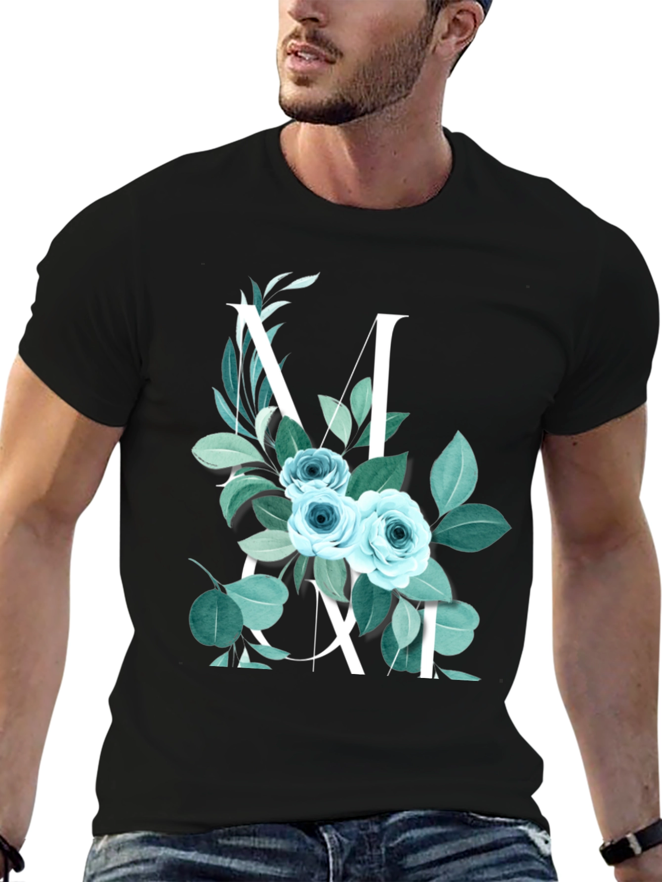 Black Floral Initial T-Shirt - M view 6