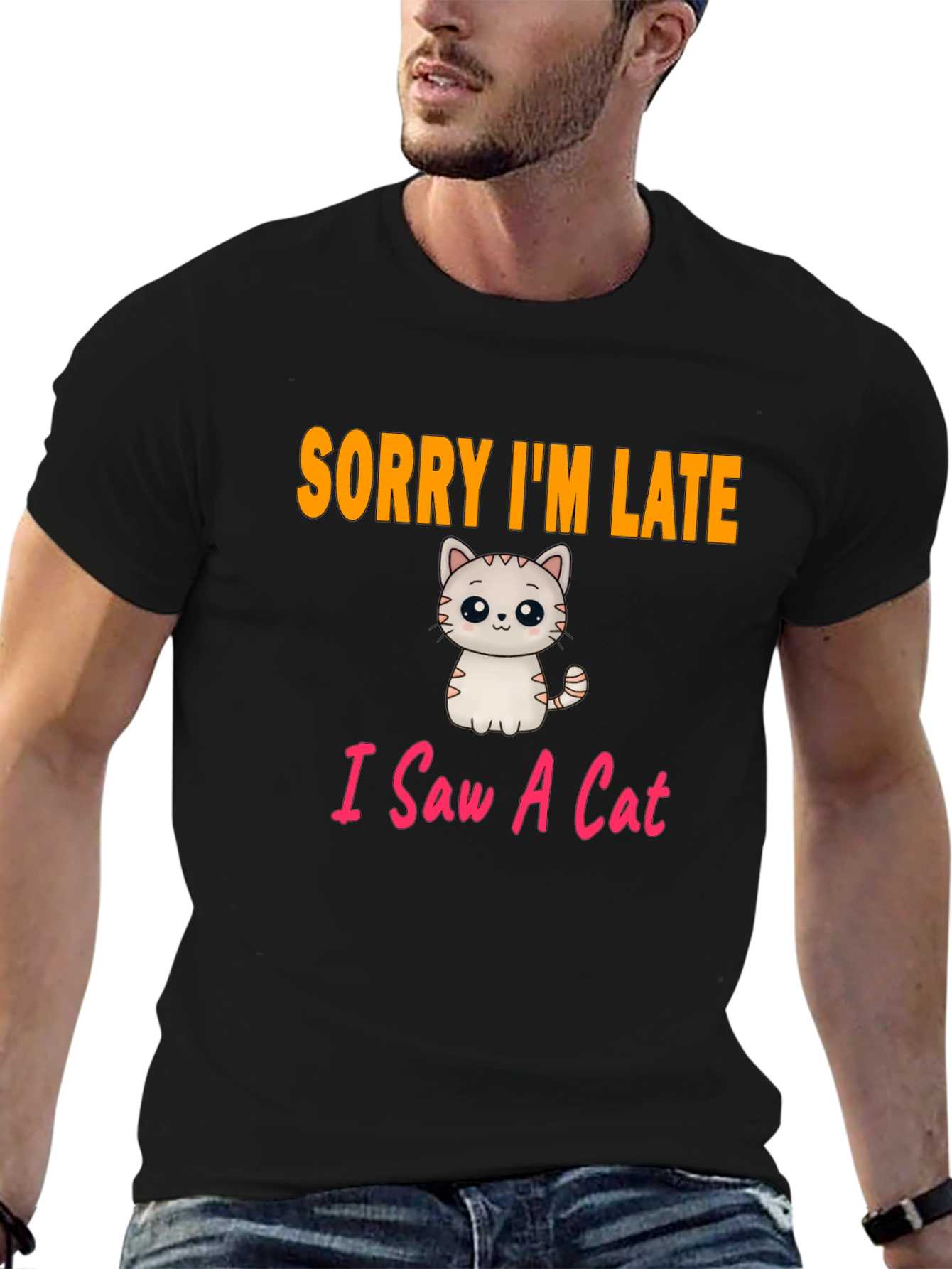 Black Funny Cat T-Shirt - Sorry I'm Late view 6