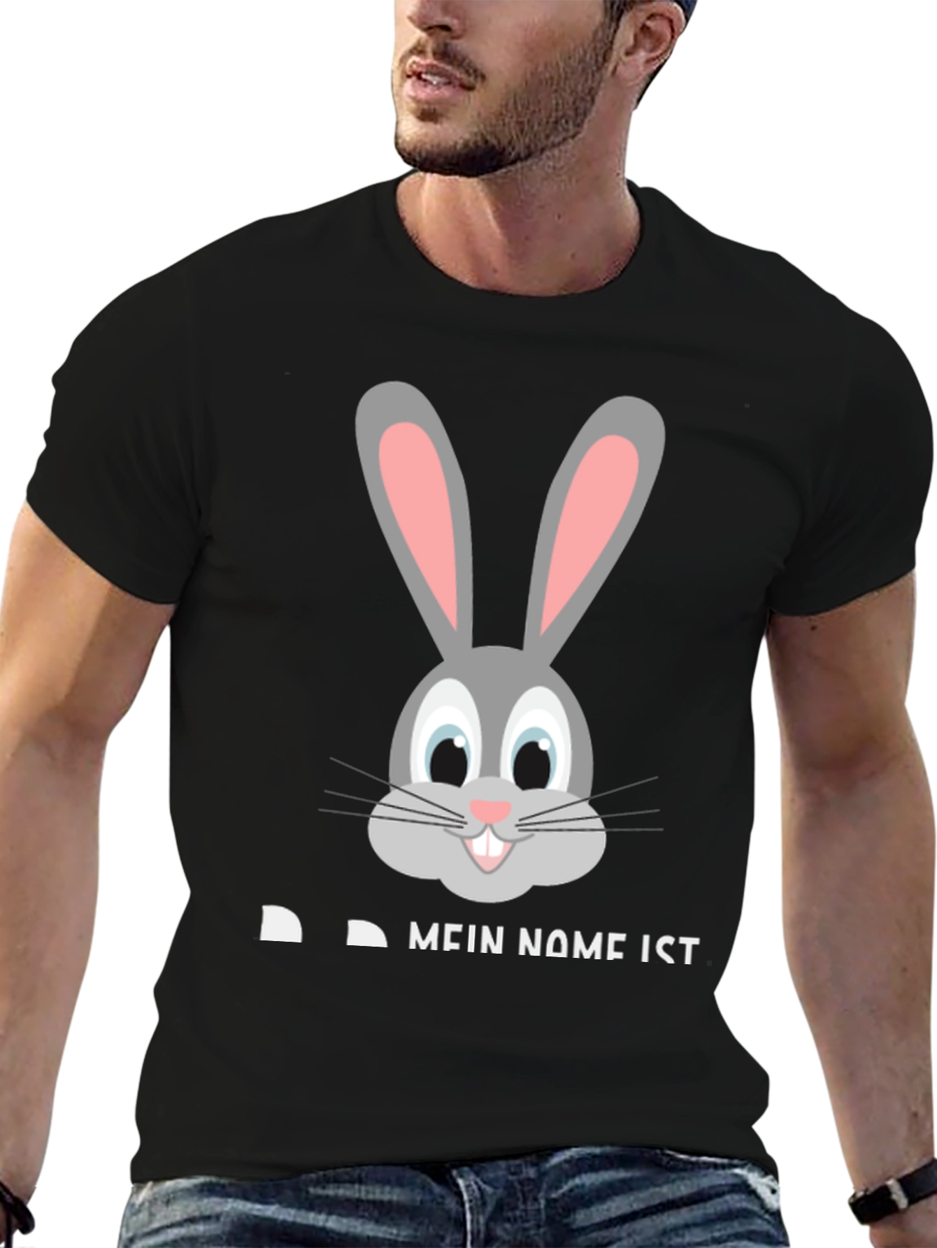 Black Funny Rabbit Face T-Shirt - "My Name Is..." Design view 6