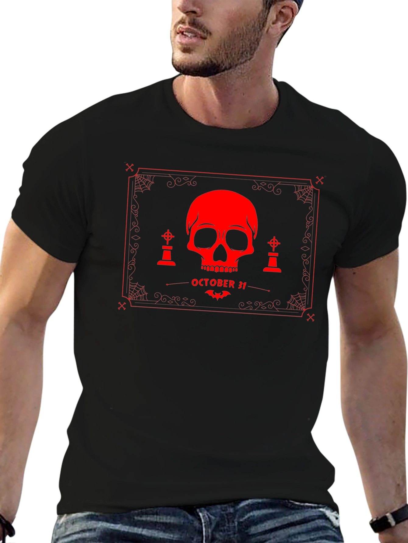 Black Halloween Skull Graphic T-Shirt view 6