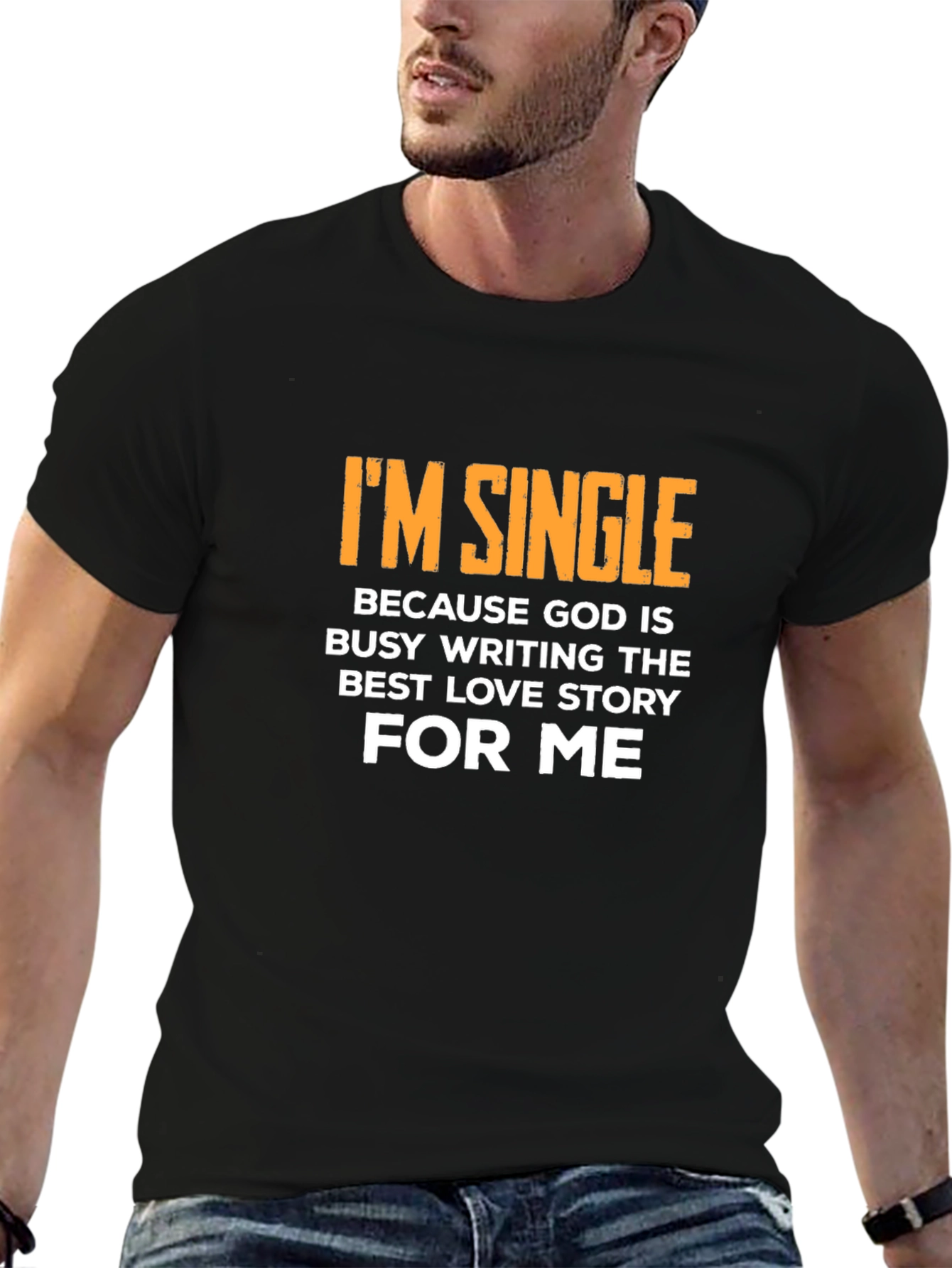 Black I'm Single, God Love Story Black T-Shirt view 6