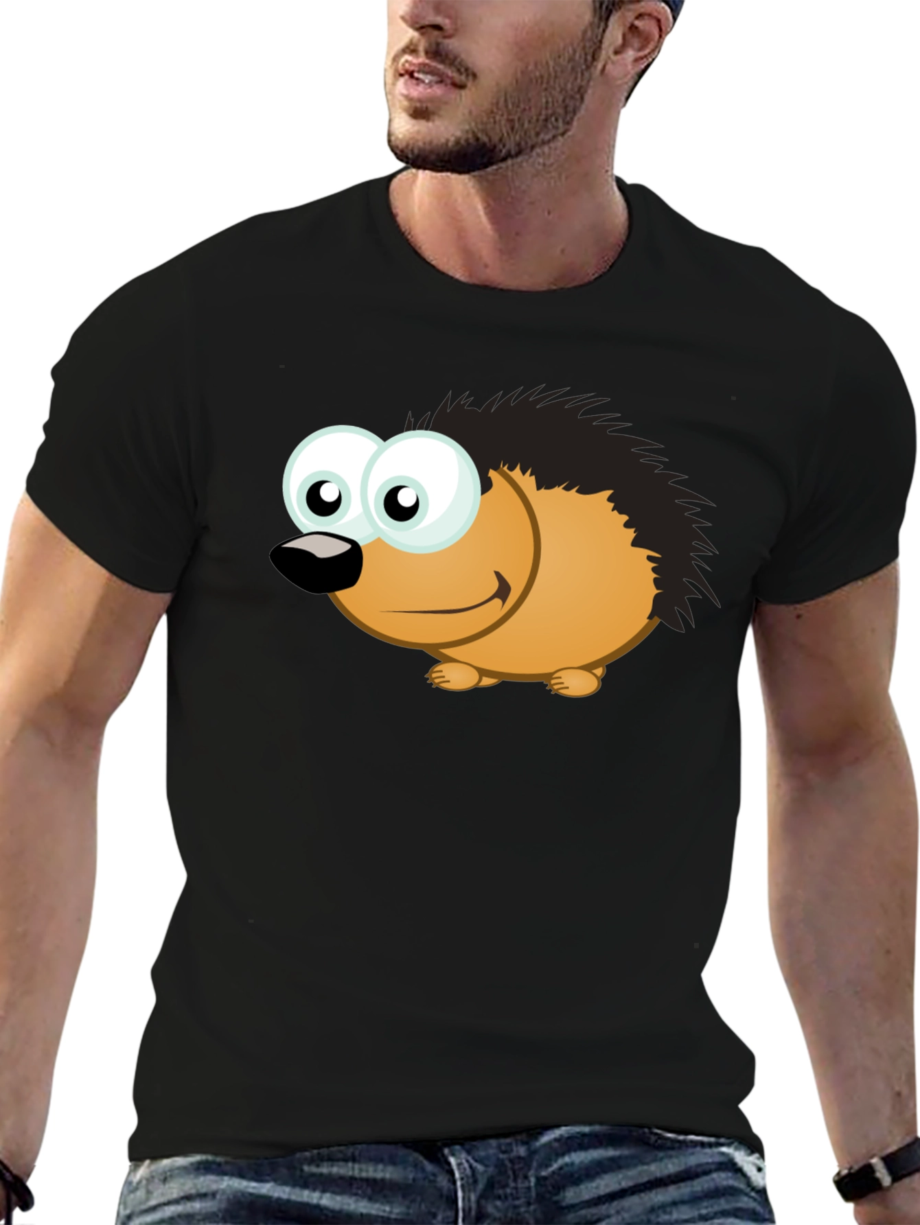 Black Cartoon Hedgehog T-Shirt - Men's Black Tee view 6