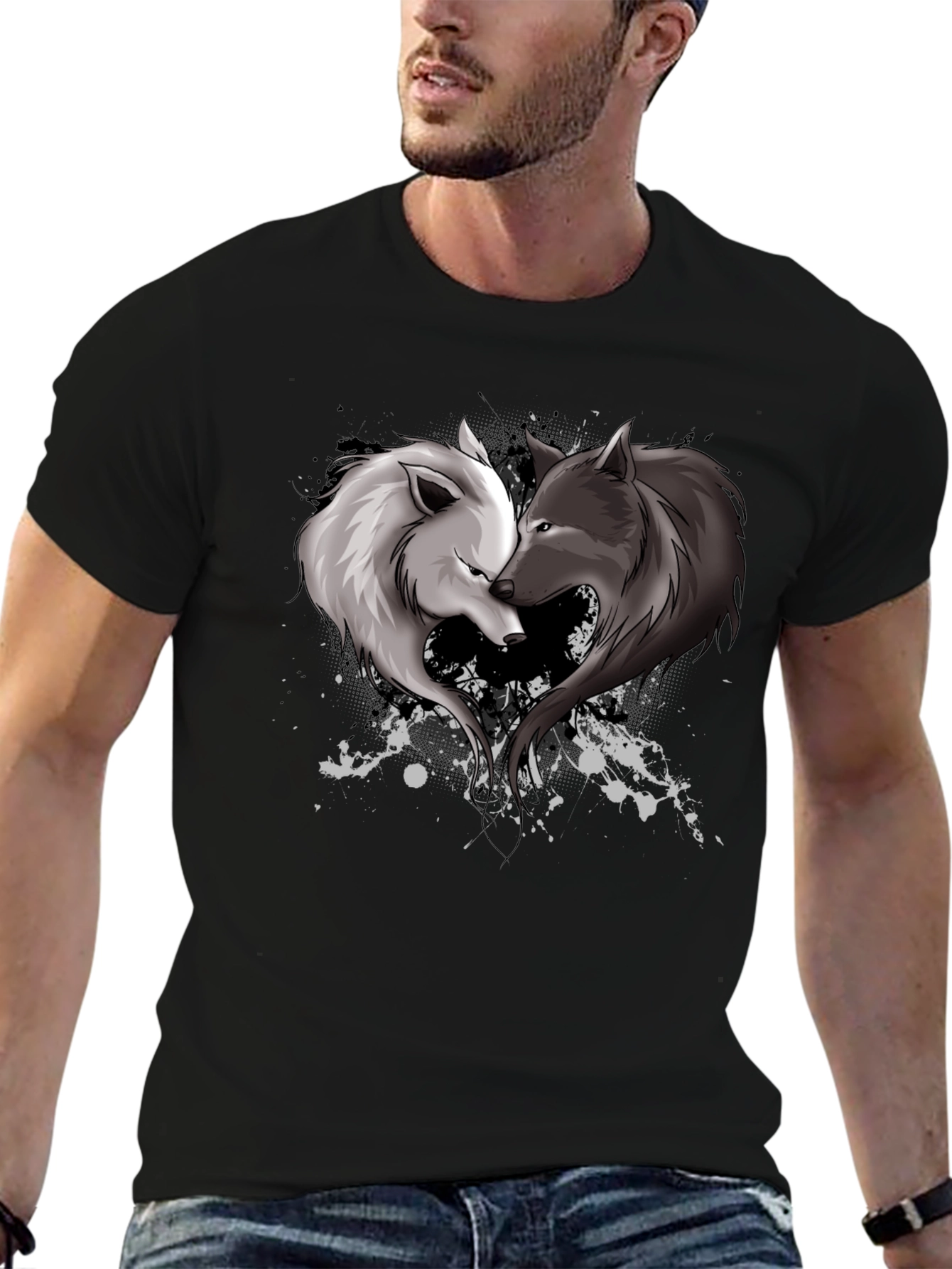 Black Yin Yang Wolves Heart Graphic T-Shirt view 6