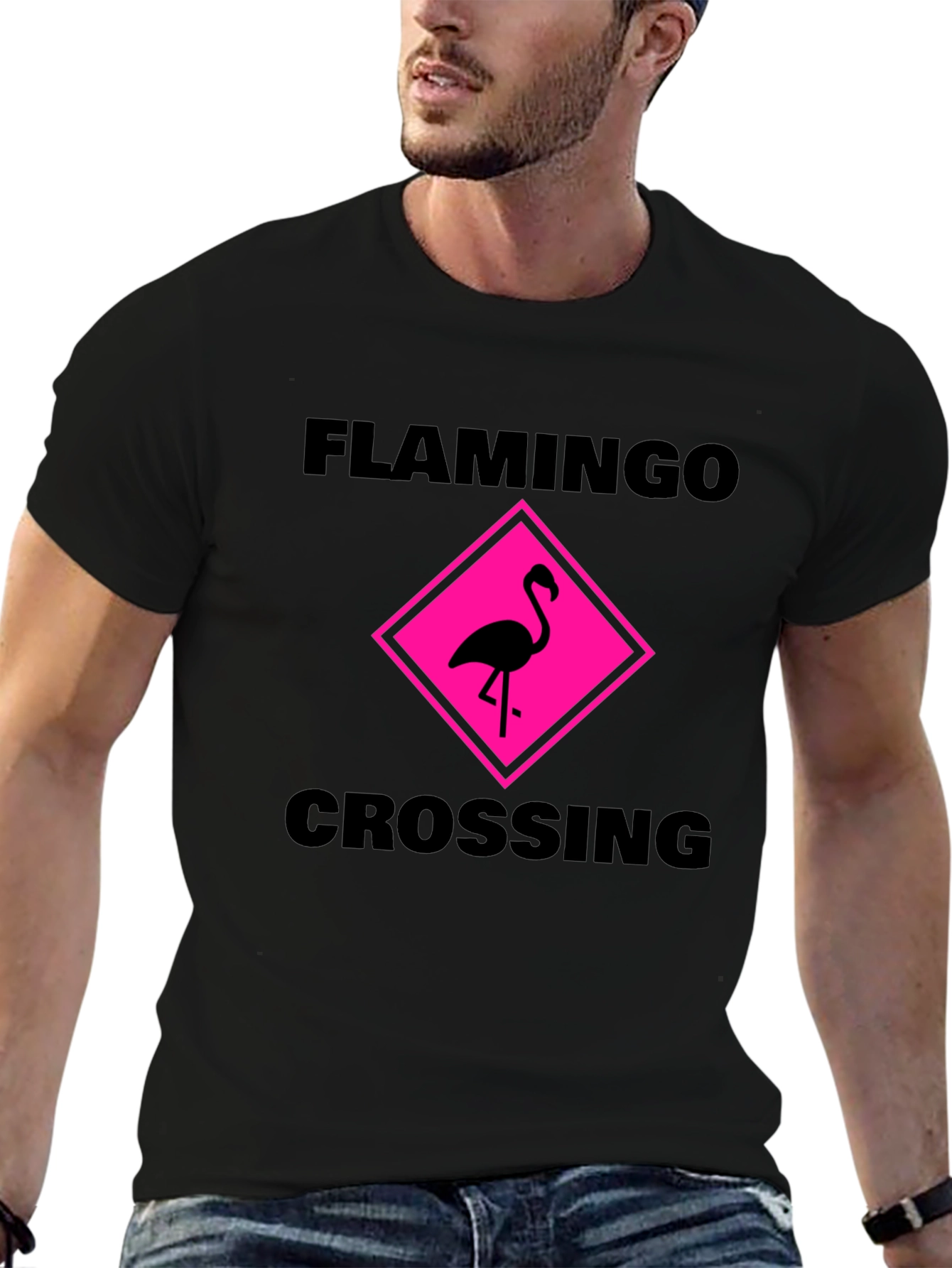 Black Flamingo Crossing Graphic Tee - Black Cotton Shirt view 6