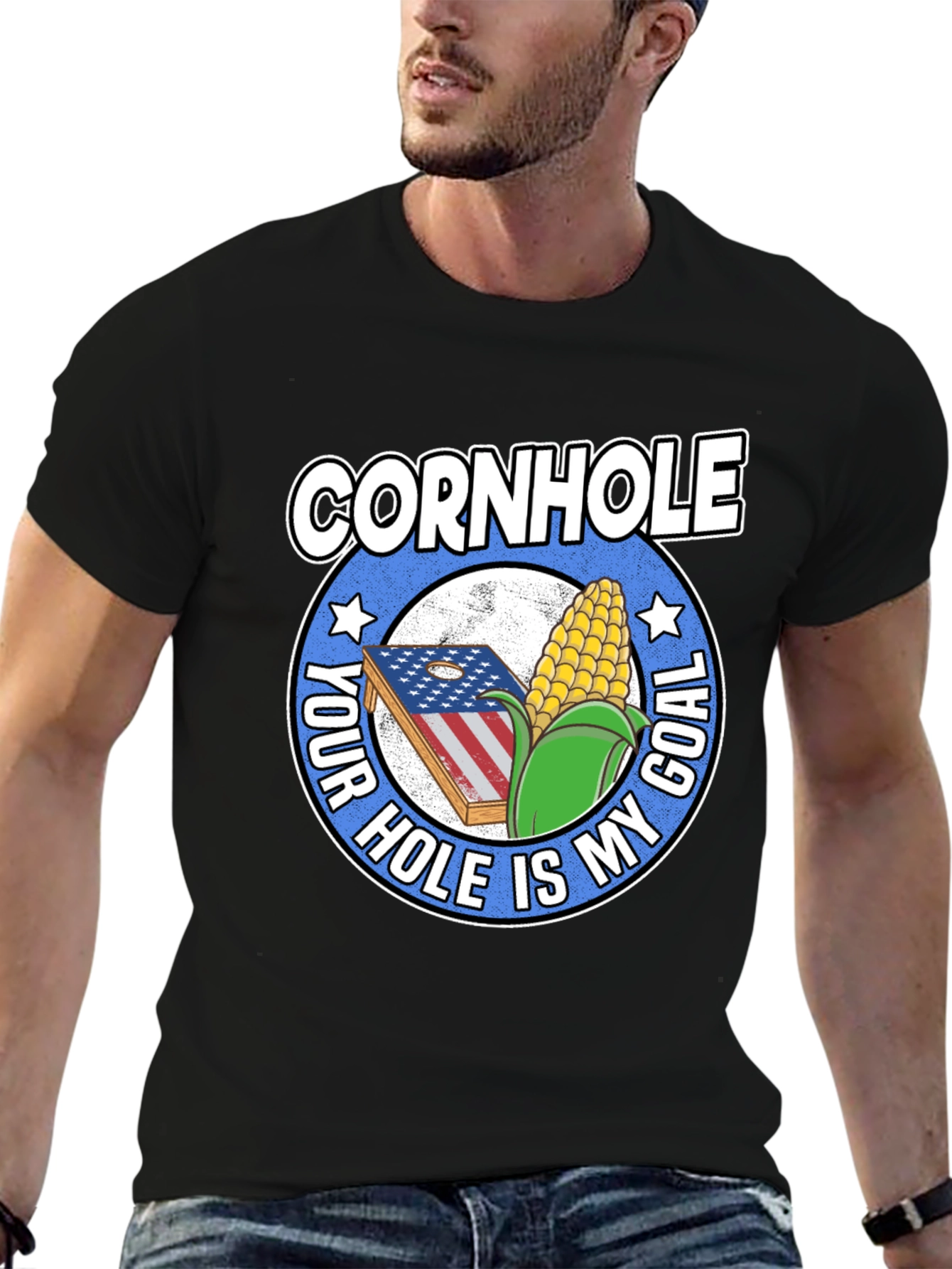 Black Funny Cornhole T-Shirt: Your Hole Is My Goal Tee view 6