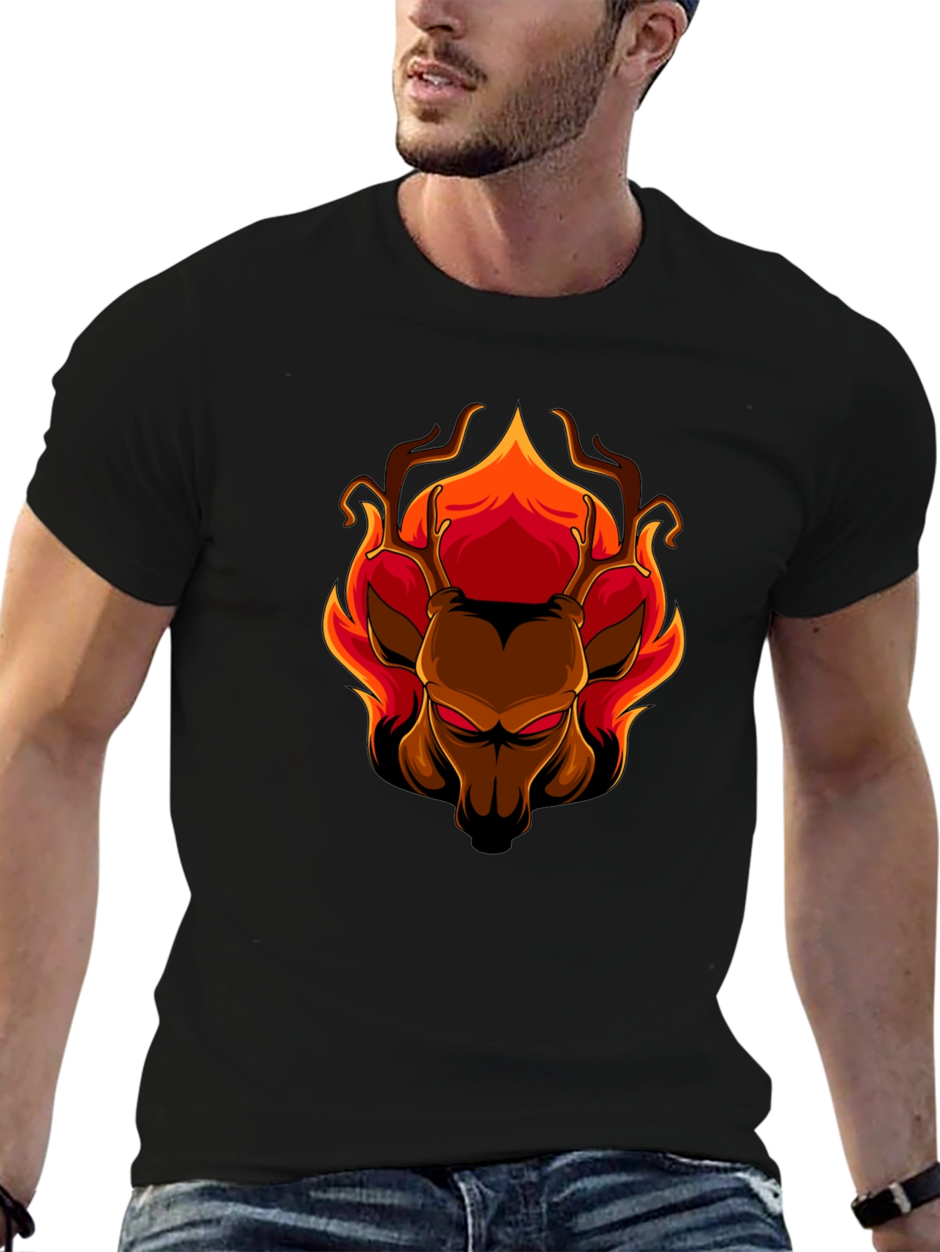 Black Fiery Deer Graphic Tee - Black Cotton T-Shirt view 6