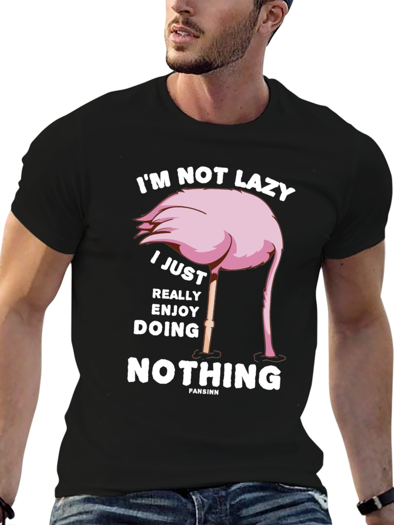Black Funny Flamingo Lazy T-Shirt view 6