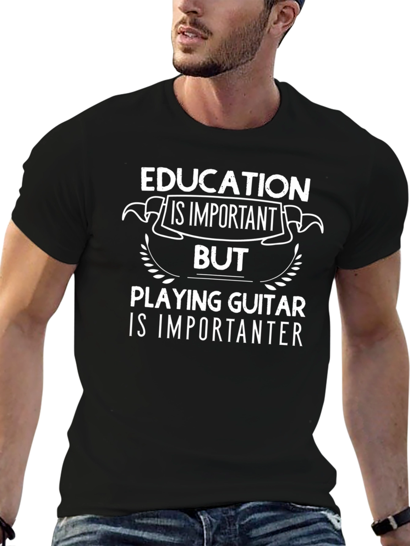 Black Funny Guitar Player T-Shirt - Education is Important, But... view 6