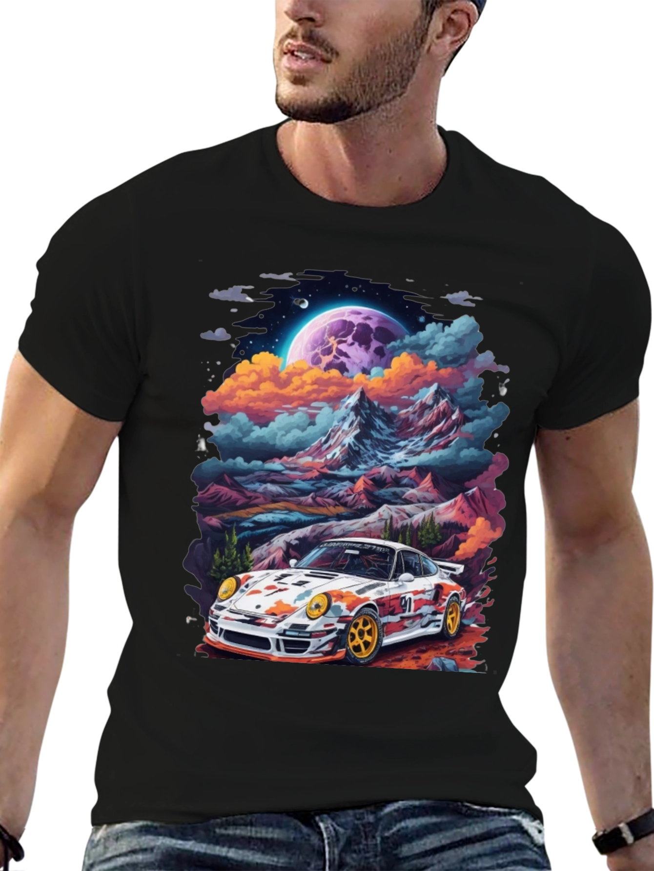 Black Retro Racer T-Shirt: Car & Mountain Design view 6