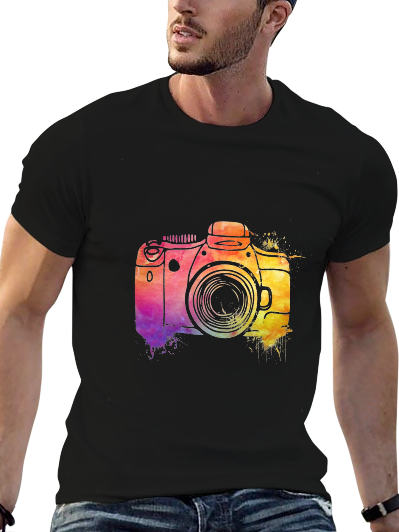 Black Watercolor Camera Graphic T-Shirt view 6