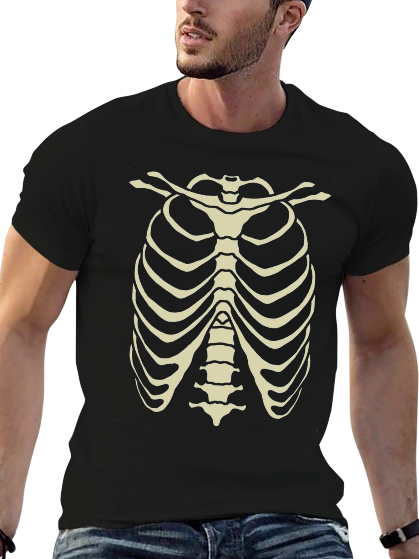 Black Skeleton Rib Cage Graphic Tee - Halloween Costume Shirt view 6