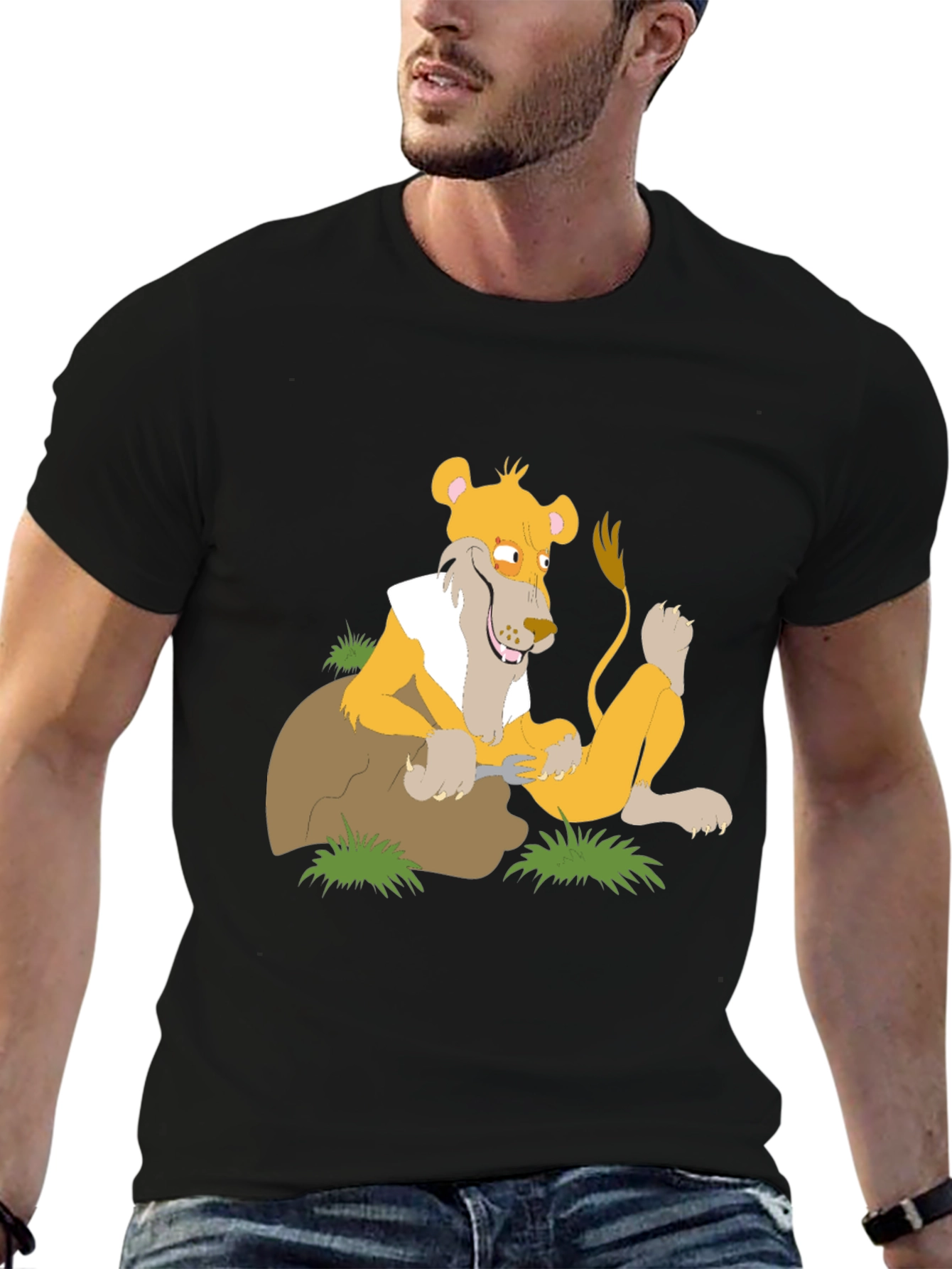 Black Lion Cartoon Graphic T-Shirt - Black view 6