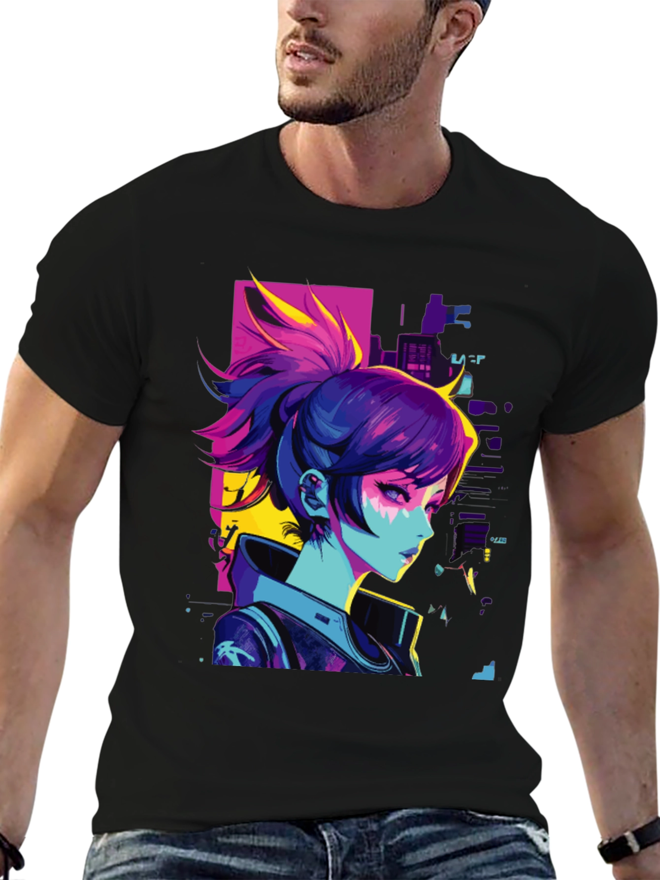 Black Cyberpunk Anime Girl Graphic Black T-Shirt view 6