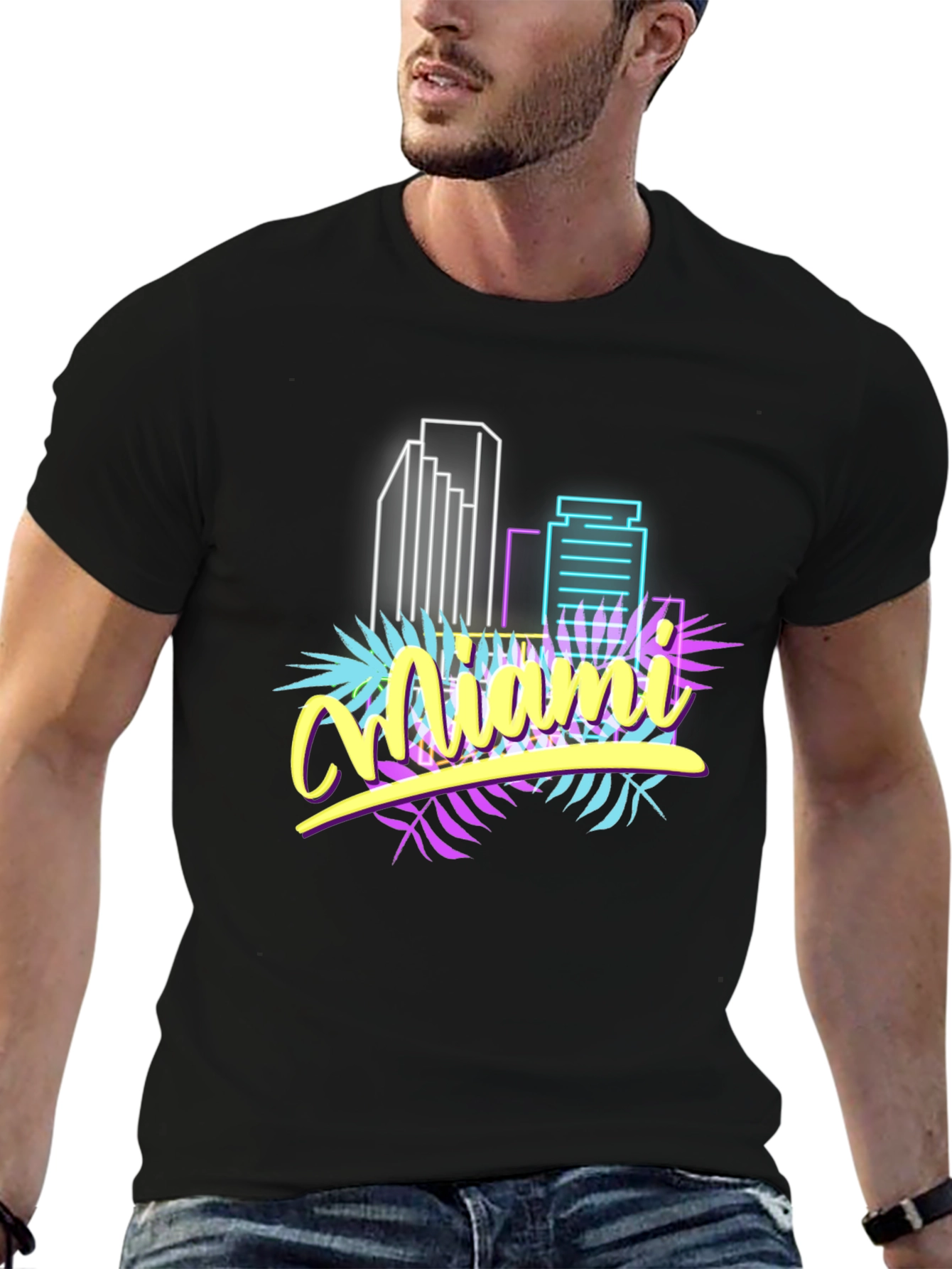 Black Miami Vice Style Graphic T-Shirt - Retro Neon Design view 6