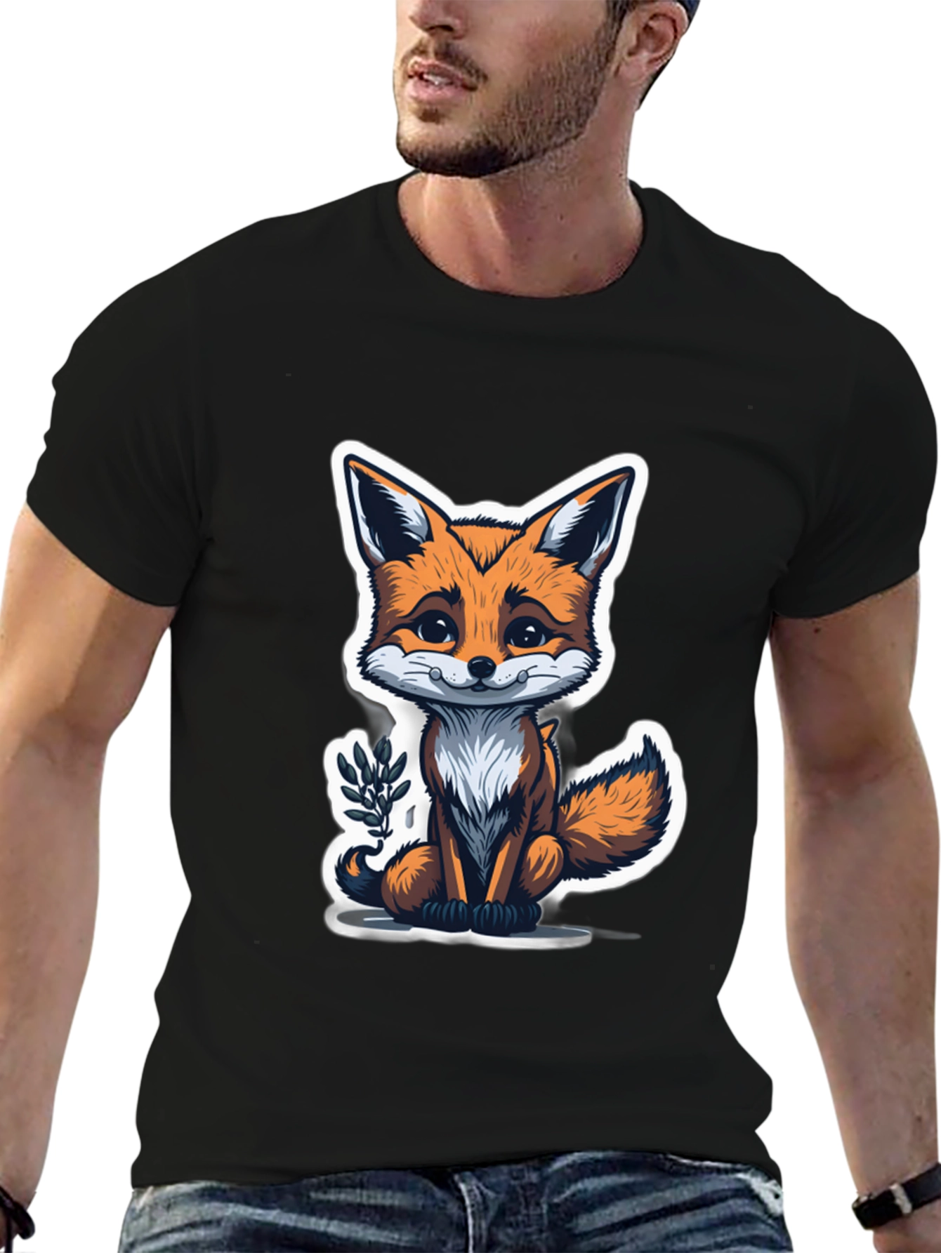 Black Cute Fox Graphic Tee - Soft Cotton Blend view 6