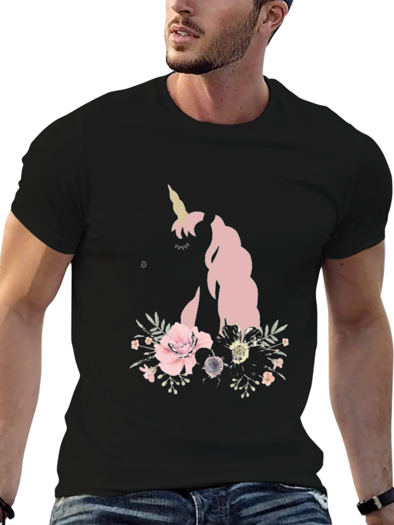 Black Floral Unicorn Black T-Shirt view 6
