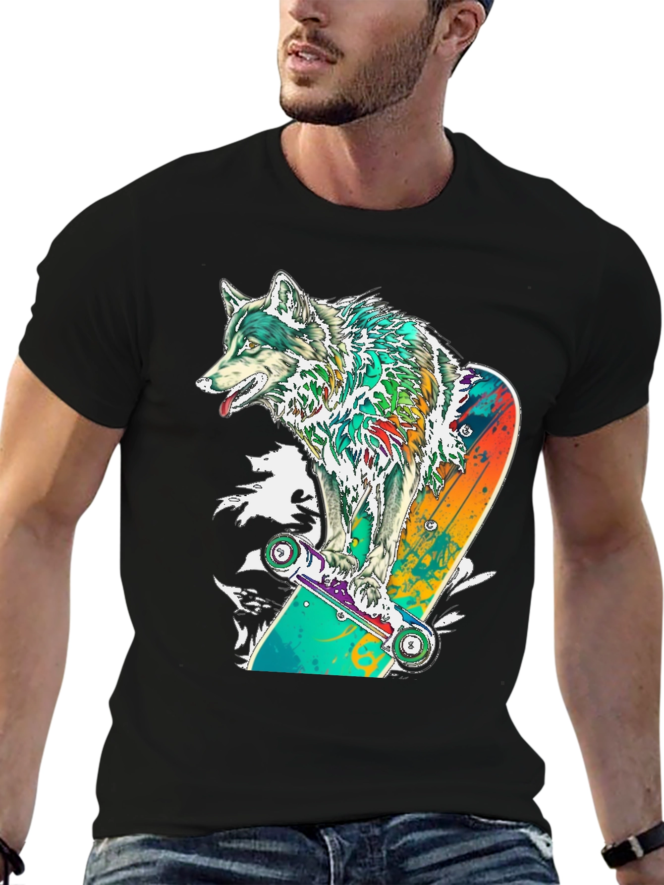 Black Wolf Skateboard Graphic T-Shirt view 6