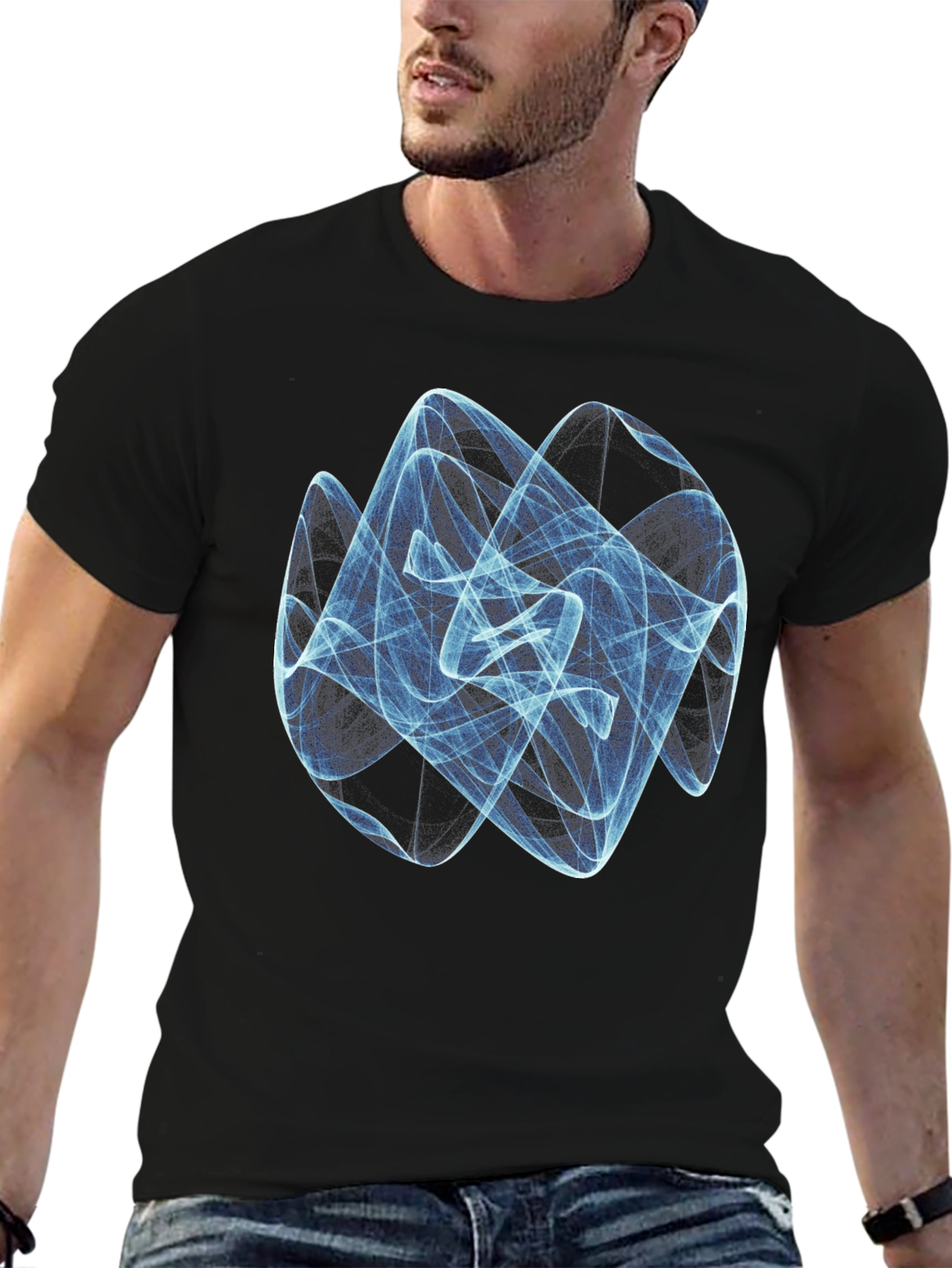 Black Abstract Swirl Graphic Tee - Modern Design, Black Cotton Shirt view 6