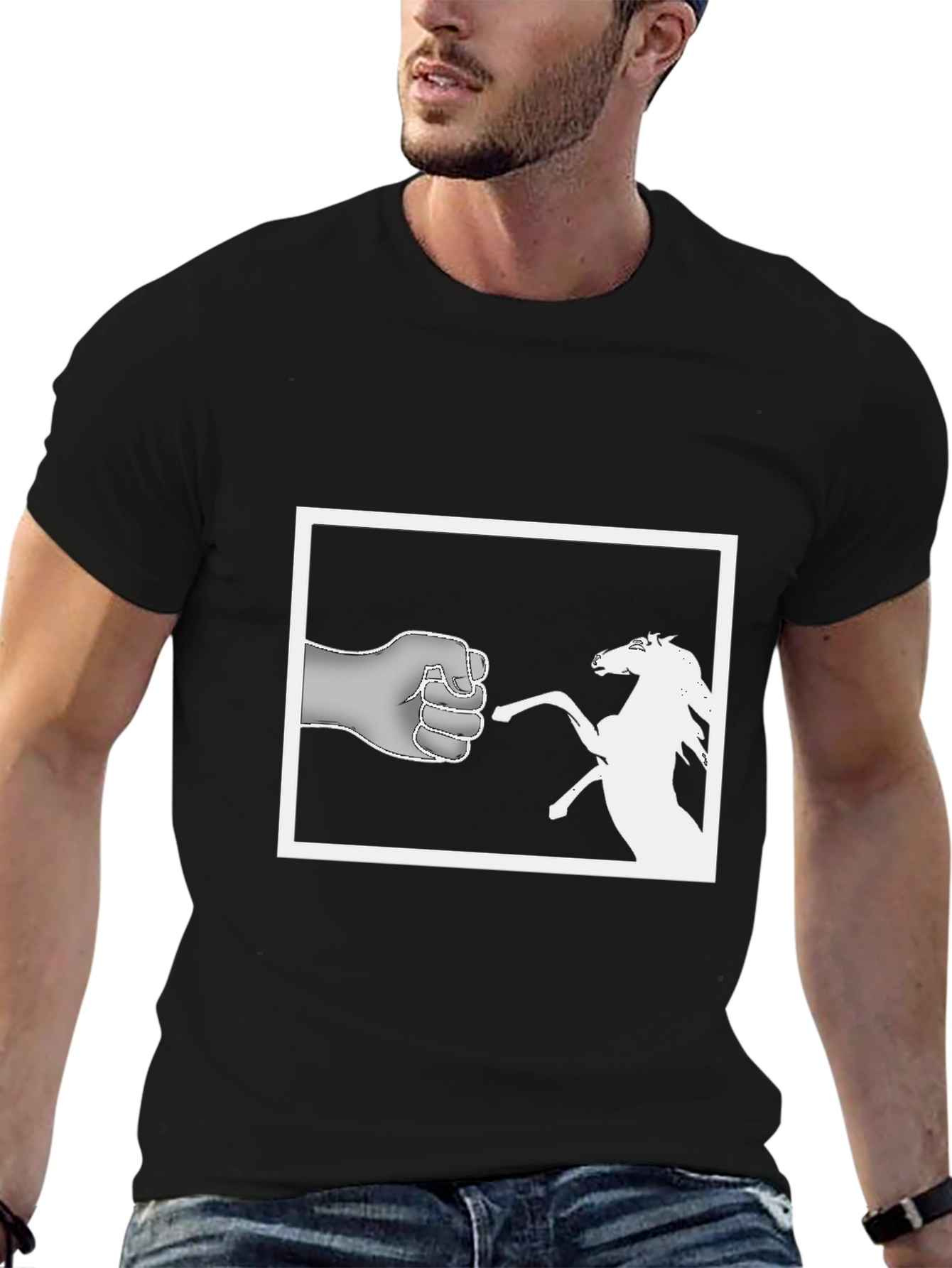 Black Humorous Fist Horse Tee - Novelty Graphic T-Shirt view 6