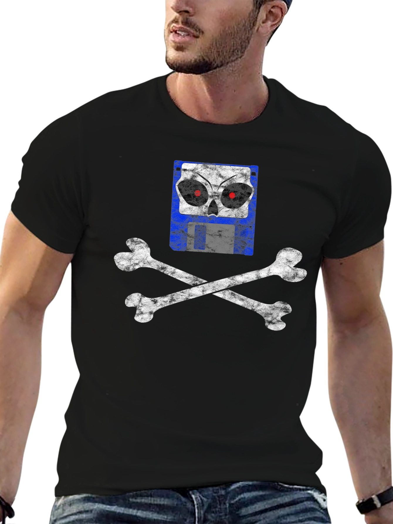 Black Floppy Skull T-Shirt - Vintage Geek Tee view 6