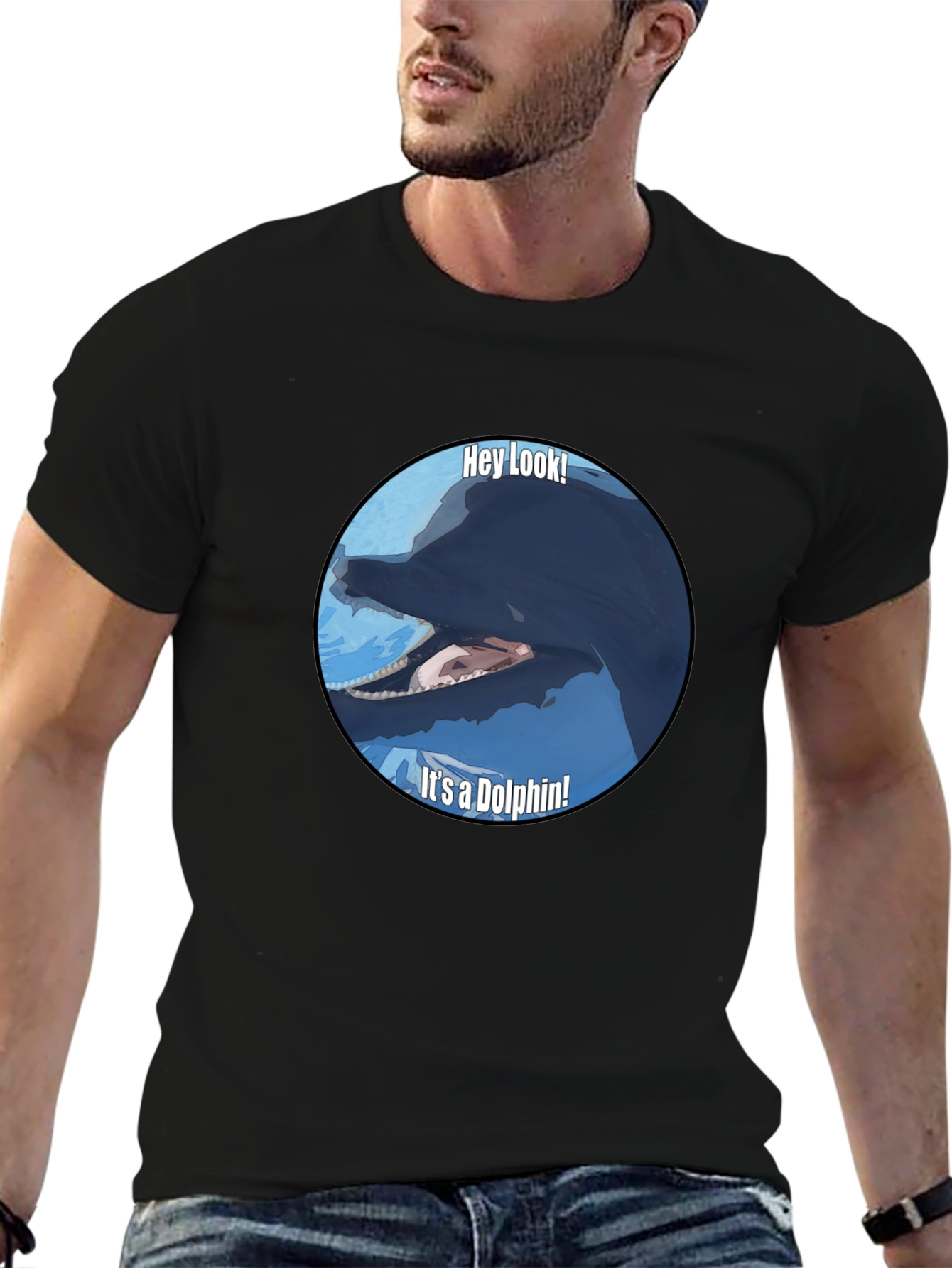 Black Funny Dolphin Graphic Print T-Shirt - Black view 6