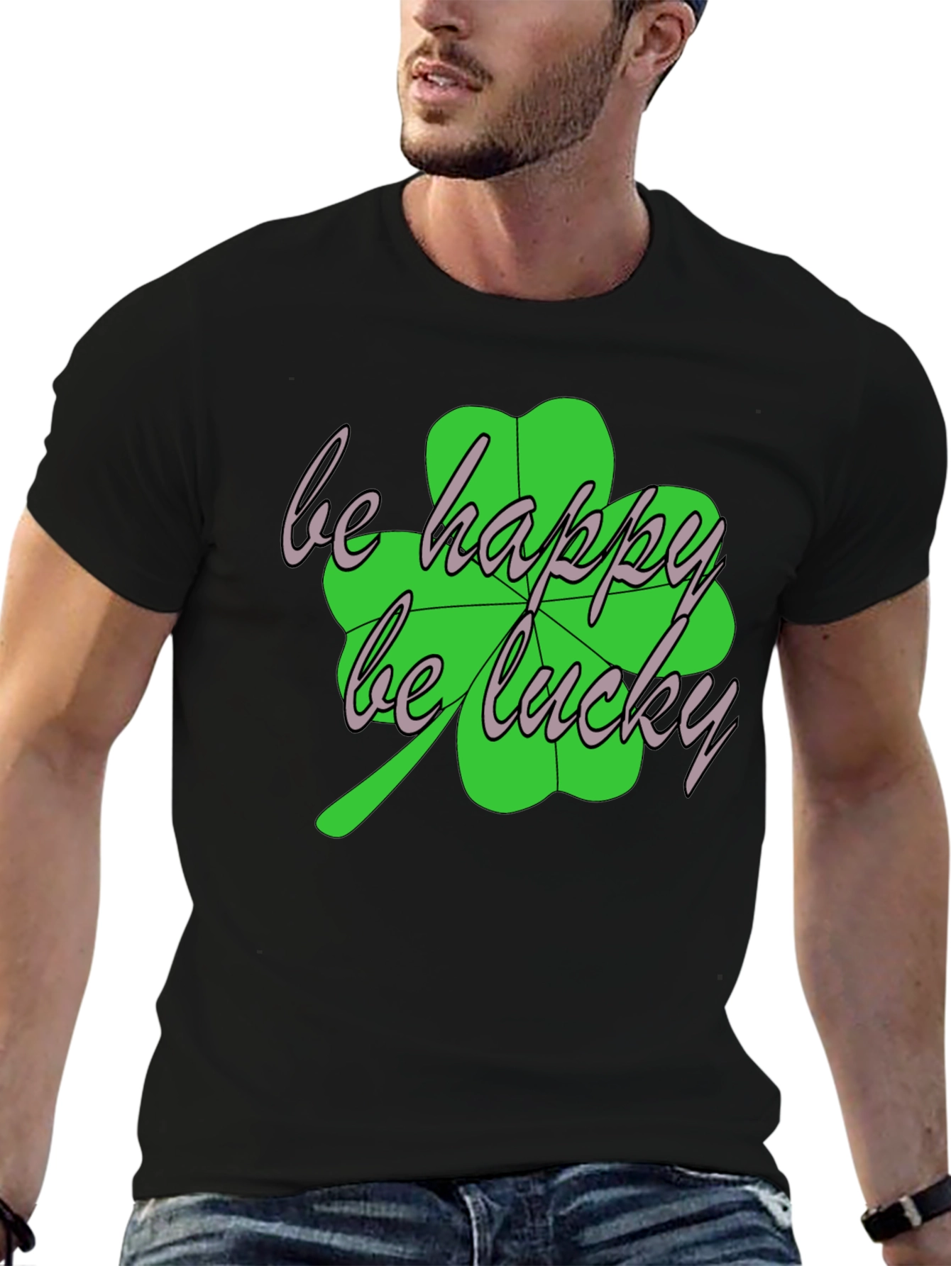 Black Lucky Clover Graphic Tee - Be Happy, Be Lucky T-Shirt view 6