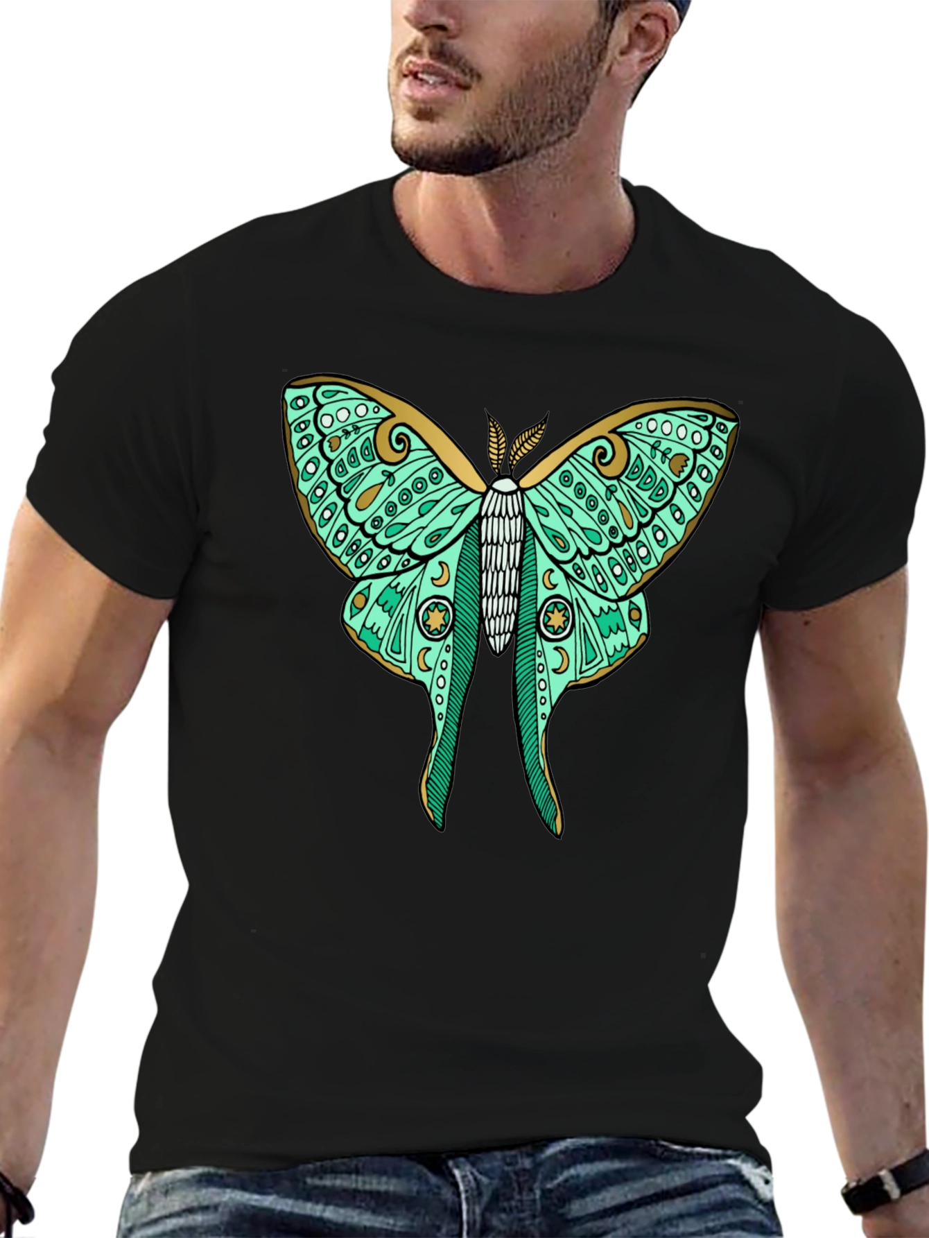 Black Luna Moth Graphic Tee - Black Cotton T-Shirt view 6