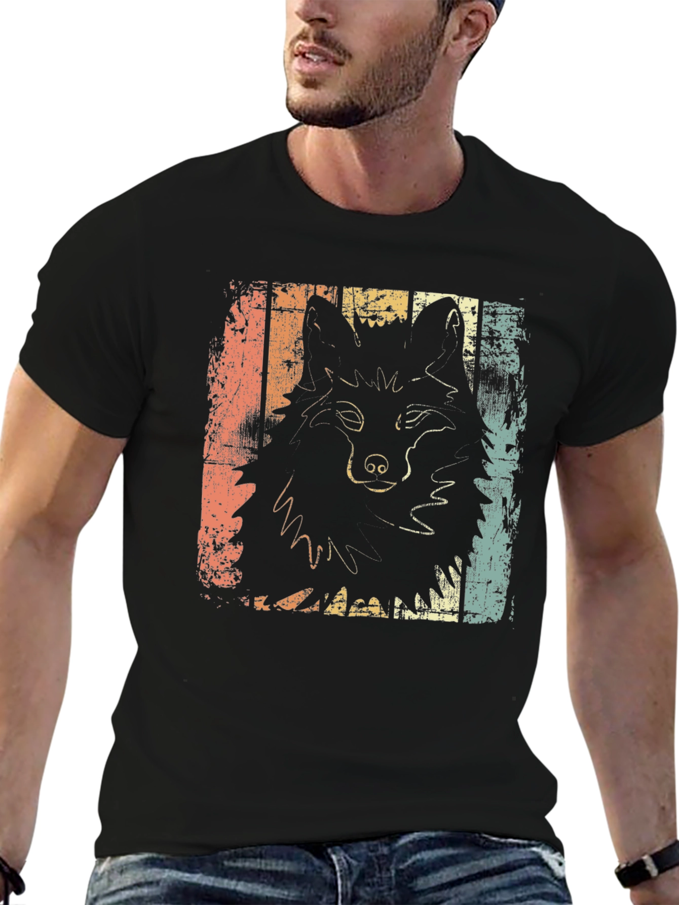 Black Retro Wolf Graphic Tee - Distressed Style view 6