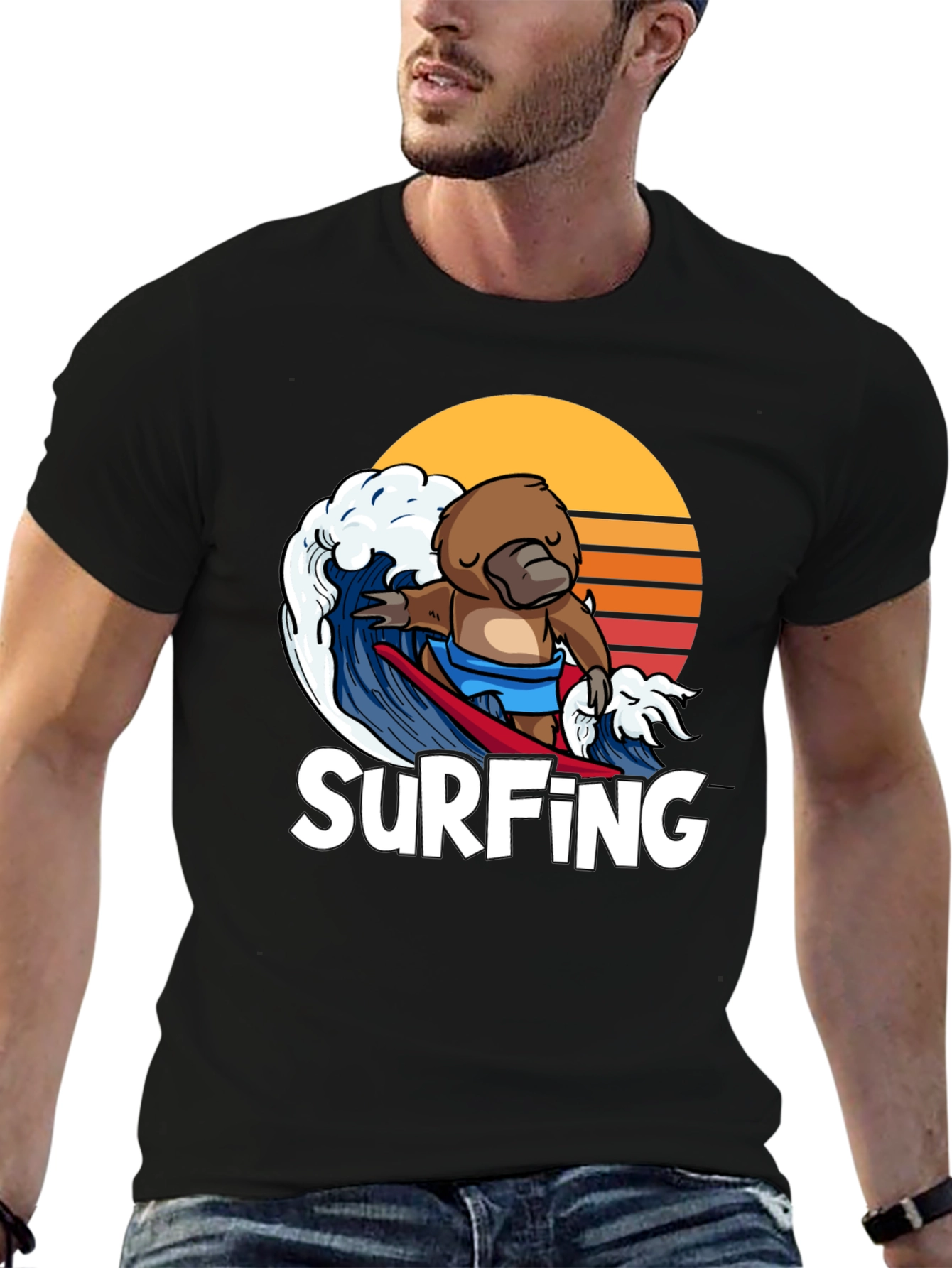 Black Surfing Platypus T-Shirt - Retro Wave Design view 6