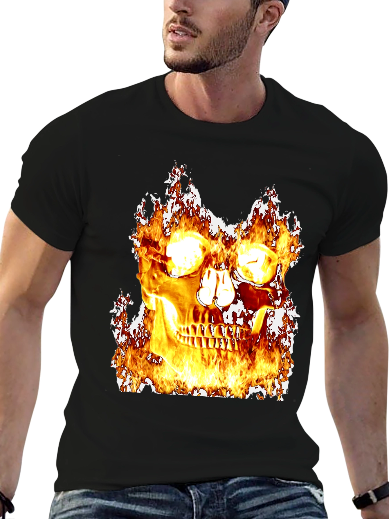 Black Fiery Skull Graphic Black T-Shirt view 6
