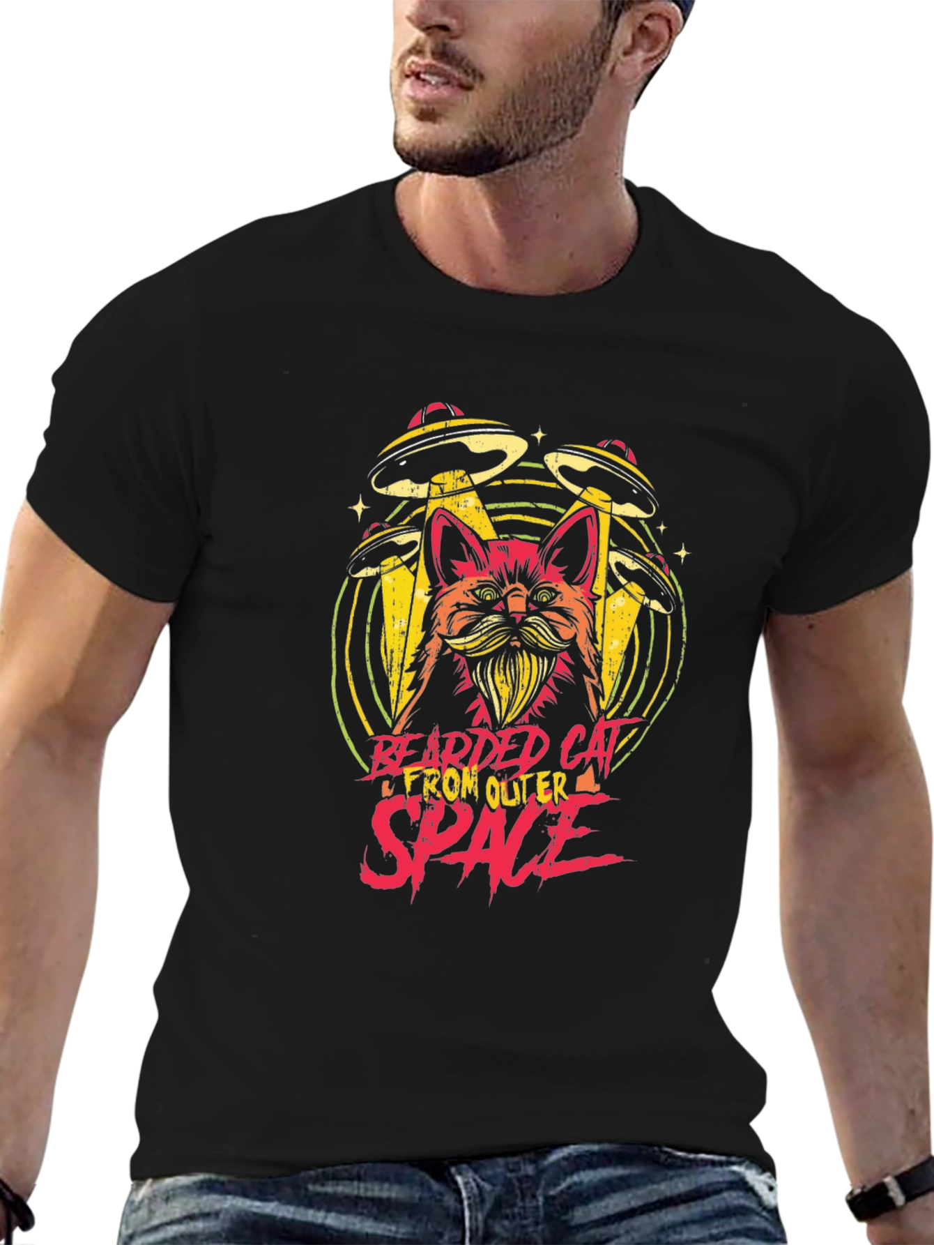 Black Bearded Cat From Outer Space Black T-Shirt view 6