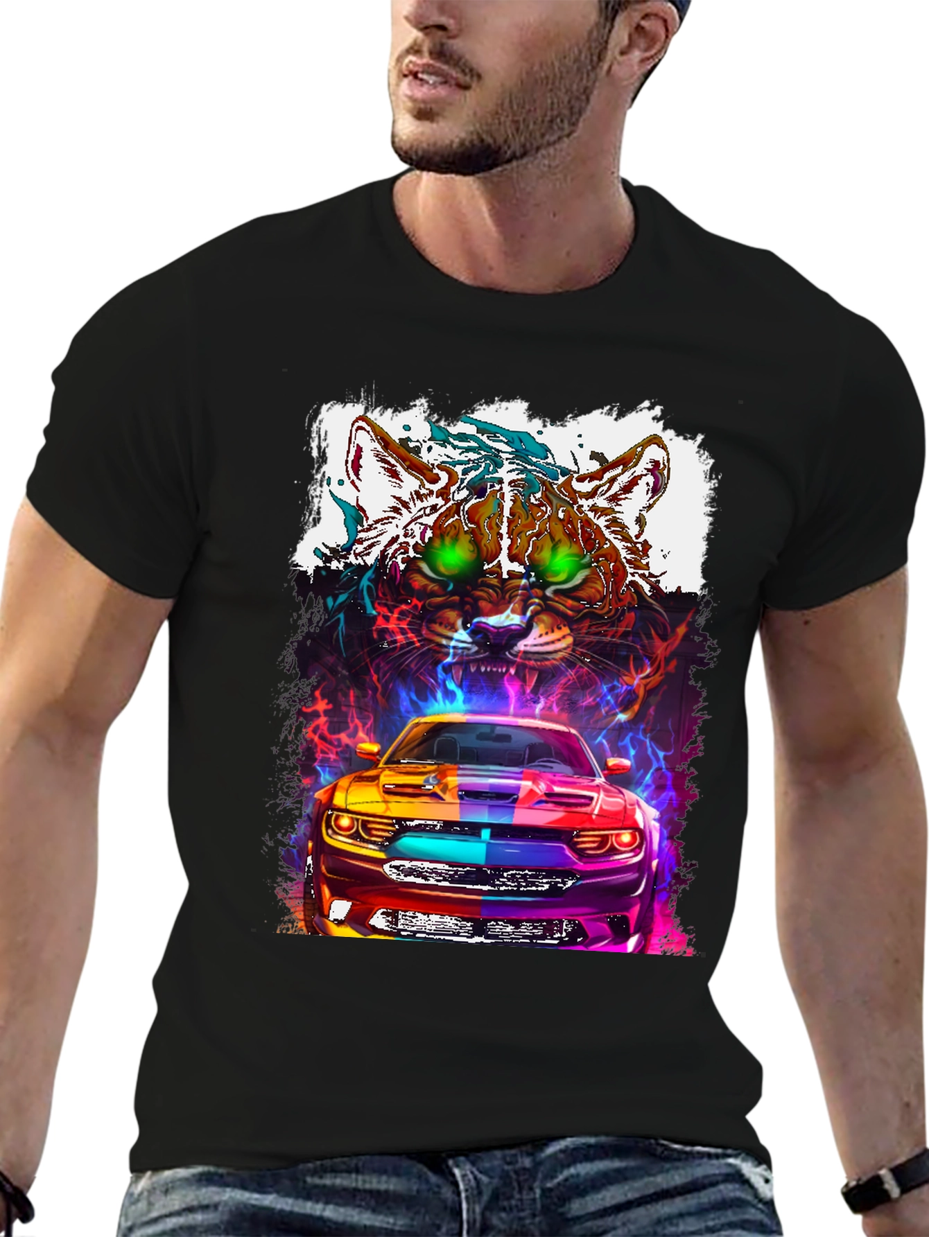 Black Car and Cat Graphic Tee - Cool Design view 6
