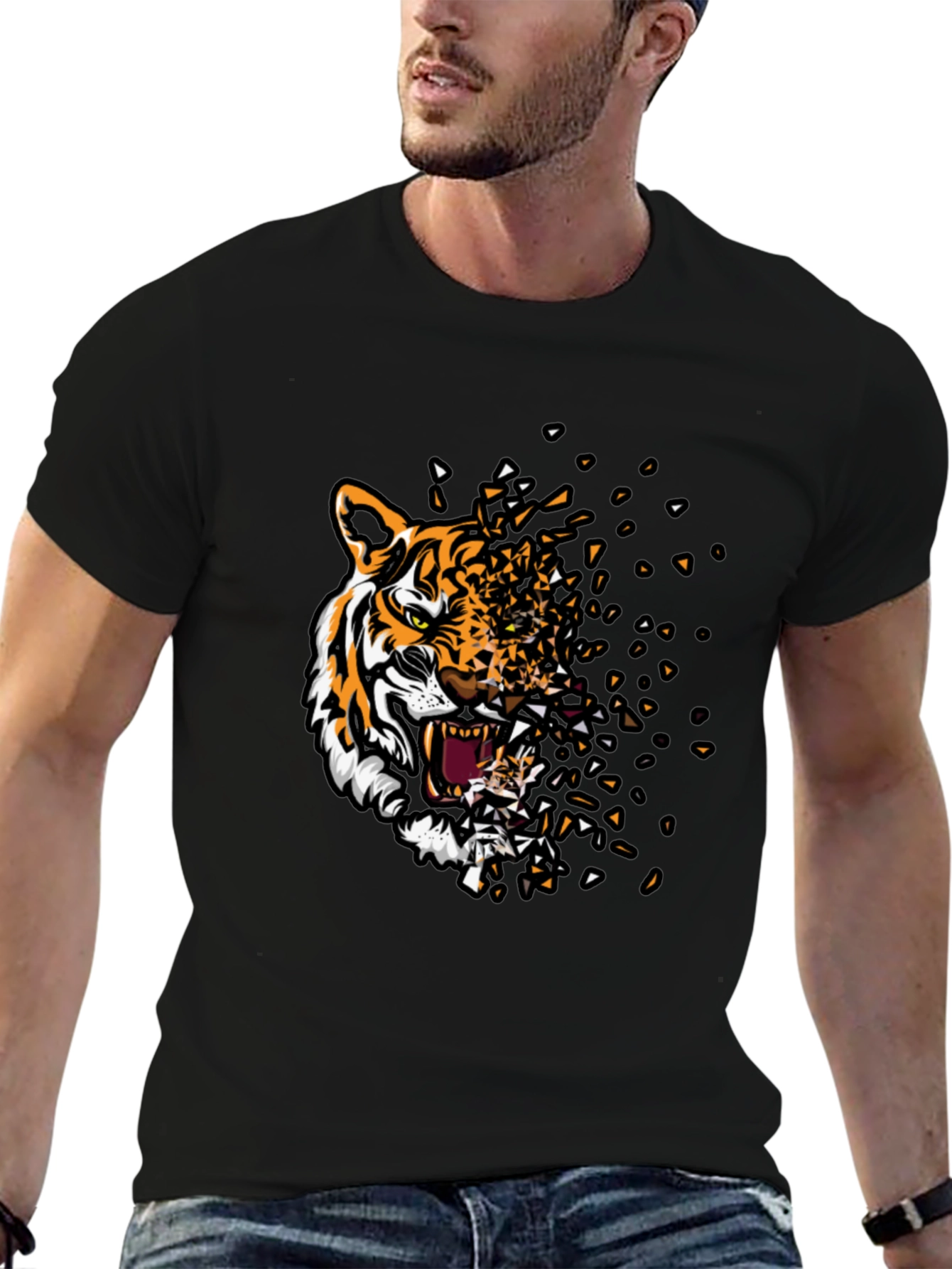 Black Tiger Graphic Print Men's Black T-Shirt view 6