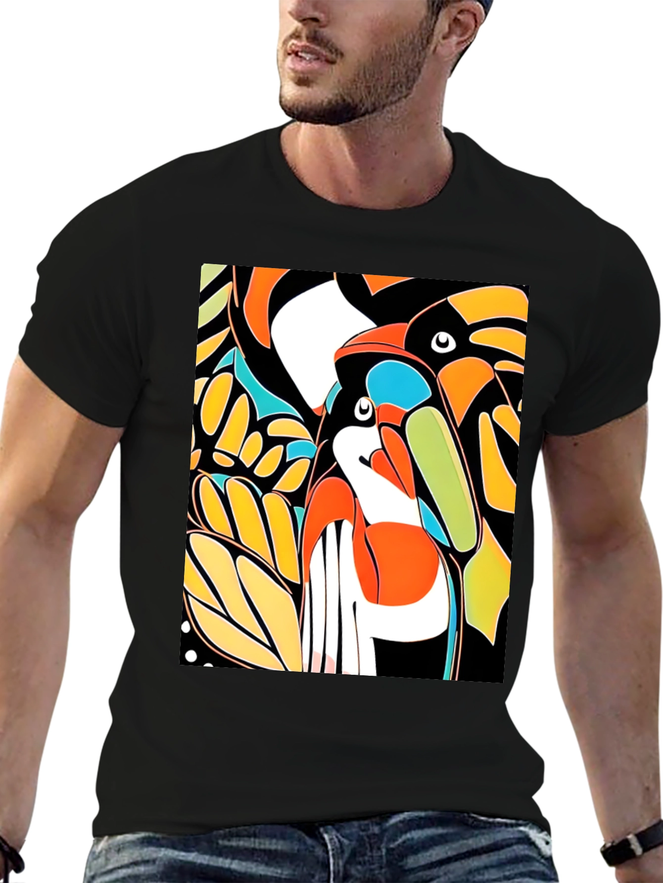 Black Abstract Toucan Print Black T-Shirt view 6