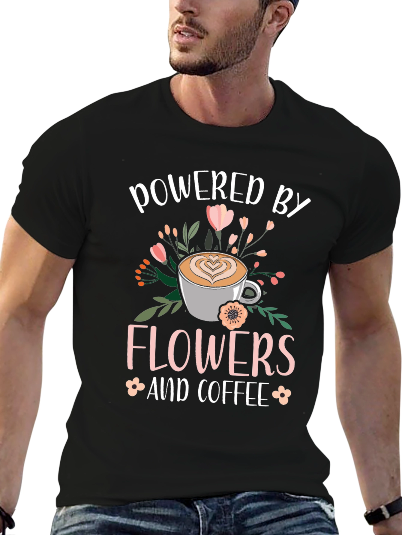 Black Powered By Flowers and Coffee Graphic Tee view 6