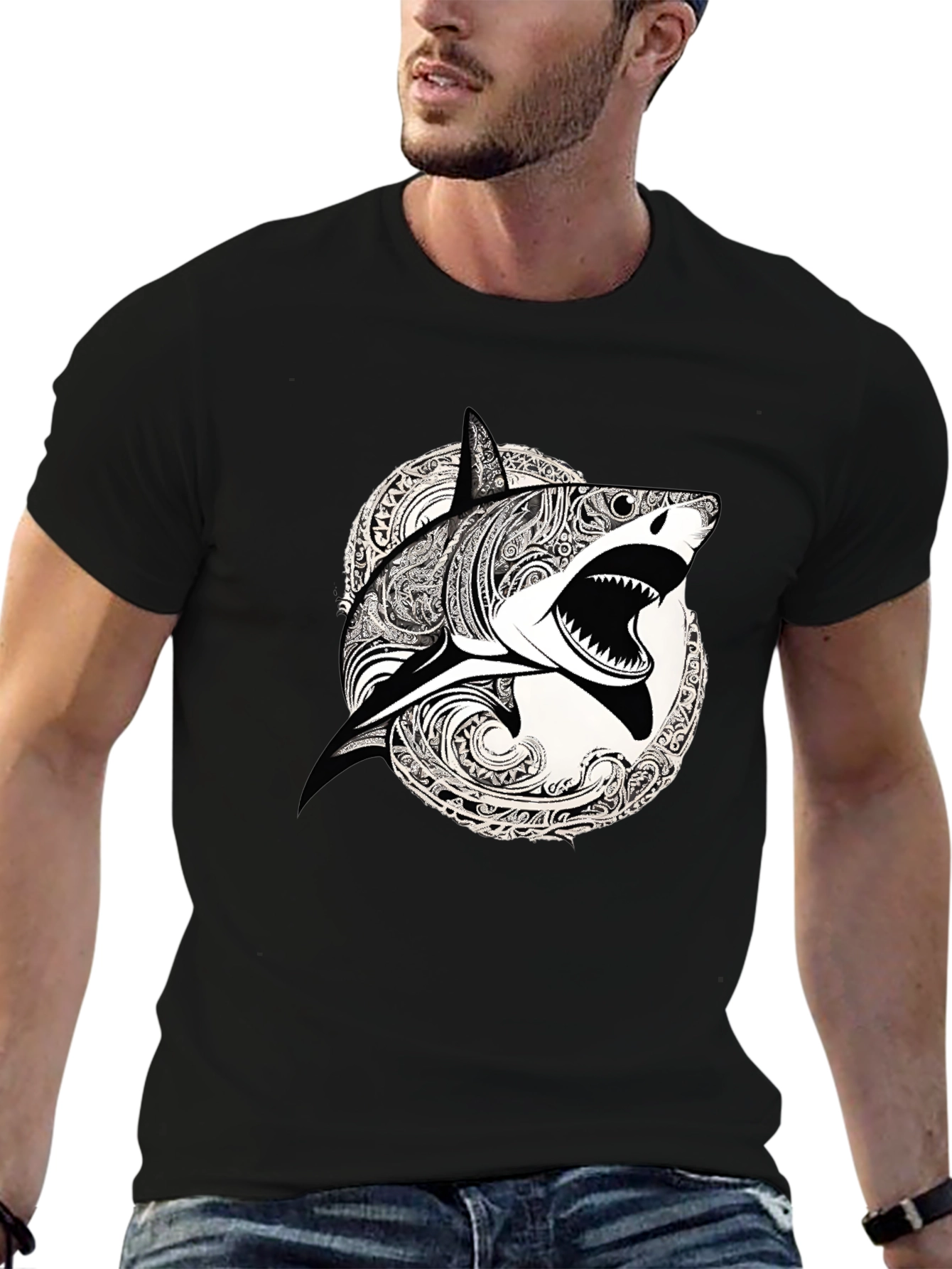 Black Shark Graphic Print Black T-Shirt view 6