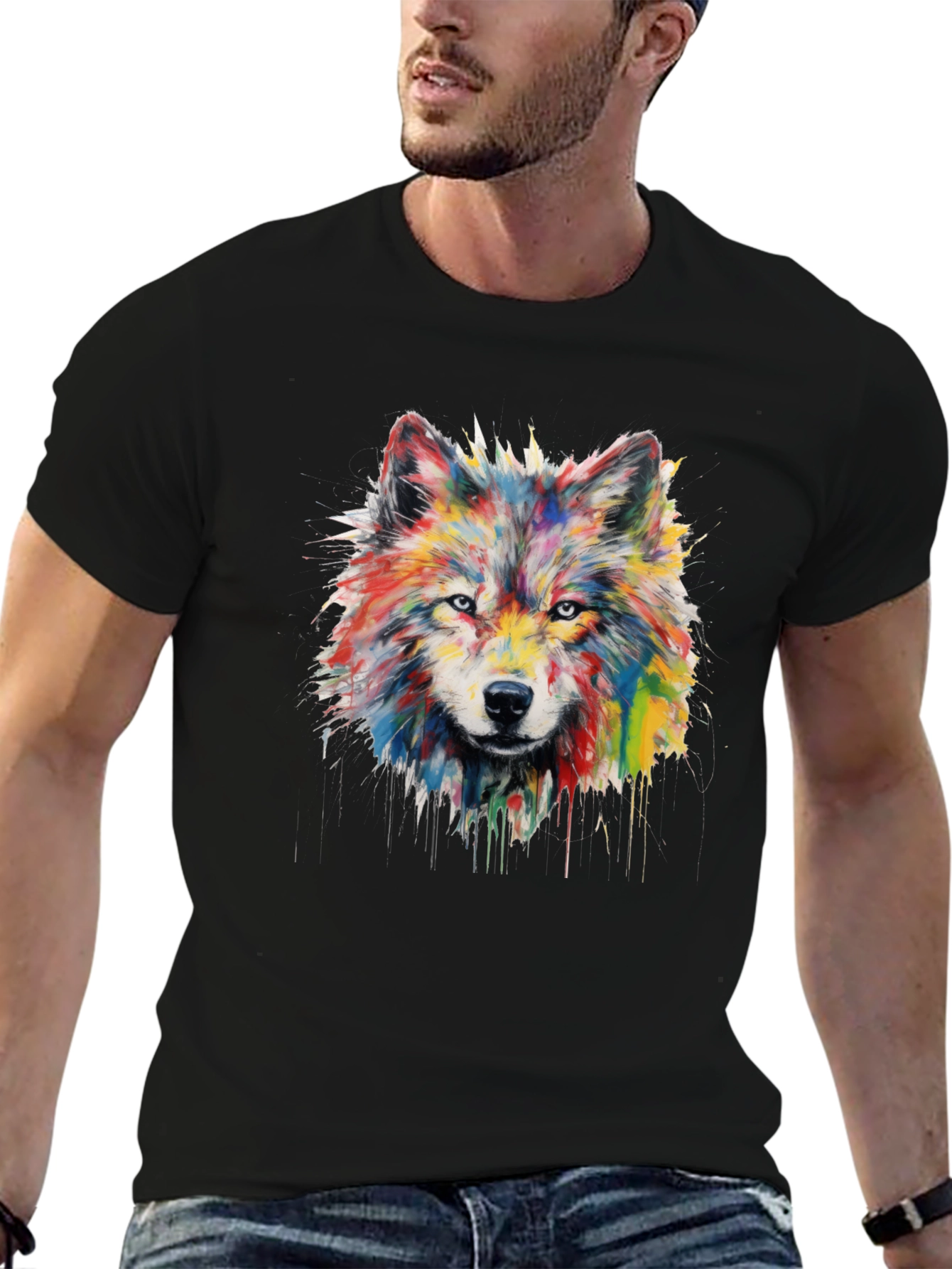 Black Colorful Watercolor Wolf Graphic Black T-Shirt view 6