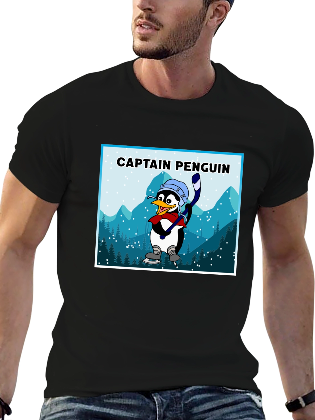 Black Captain Penguin Graphic Tee - Black Cotton T-Shirt view 6