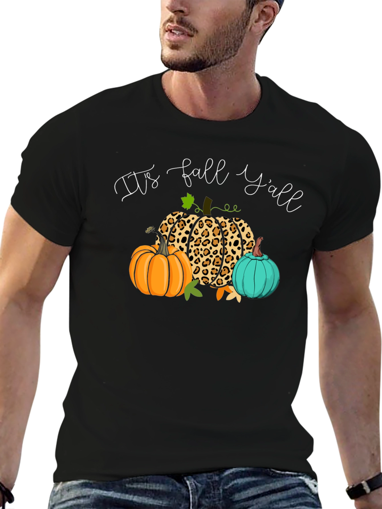 Black It's Fall Y'all Pumpkin Leopard T-Shirt view 6
