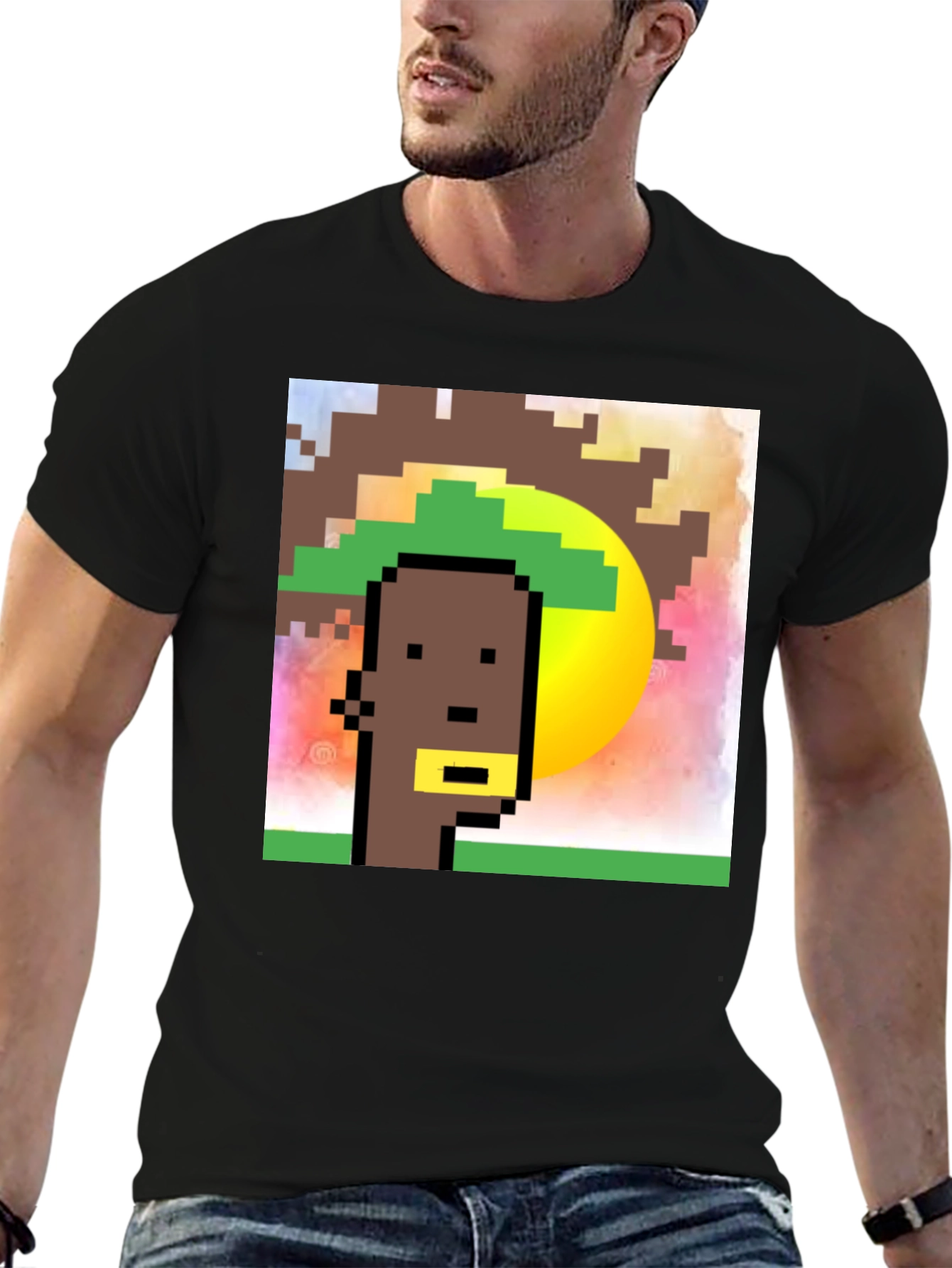 Black Pixelated Character Graphic Tee - Black Cotton Blend view 6